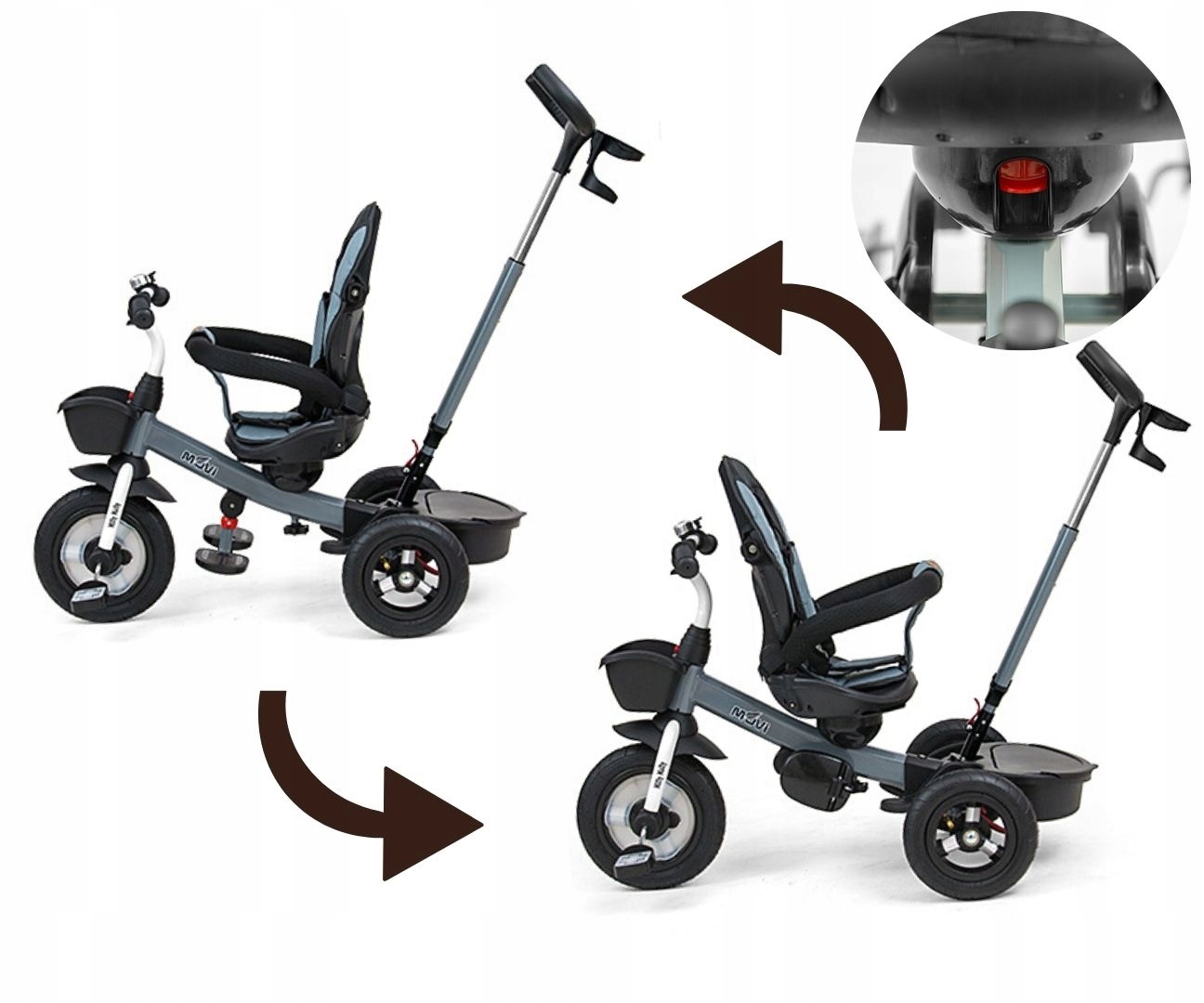 Rower trójkołowy Milly Mally Movi Szary 5w1 koszyk rączka daszek pasy Rozmiar koła (