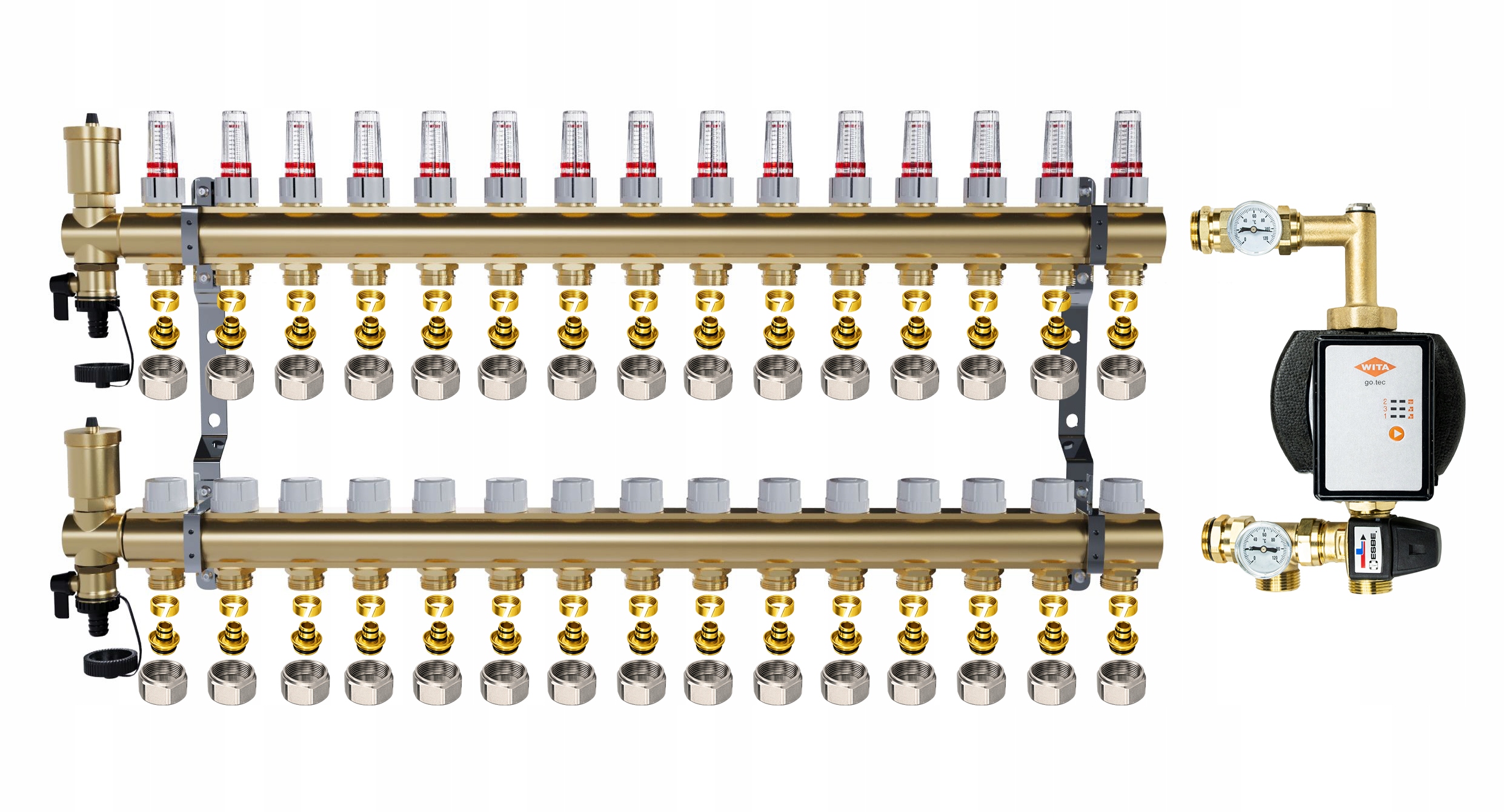 Rozdělovač pro podlahové topení 15 sekcí Spojky Pex Čerpadlo Wita