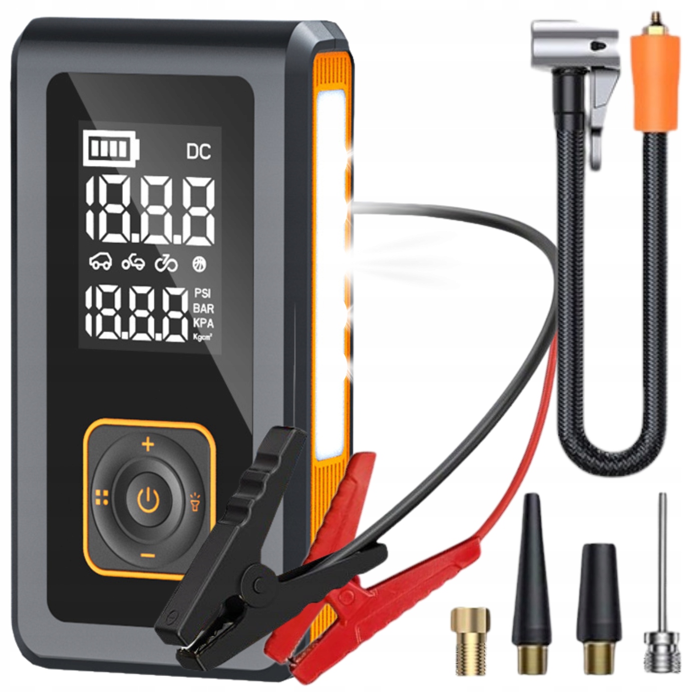 Startovací booster jump s kompresorem, powerbanka, svítilna, zařízení