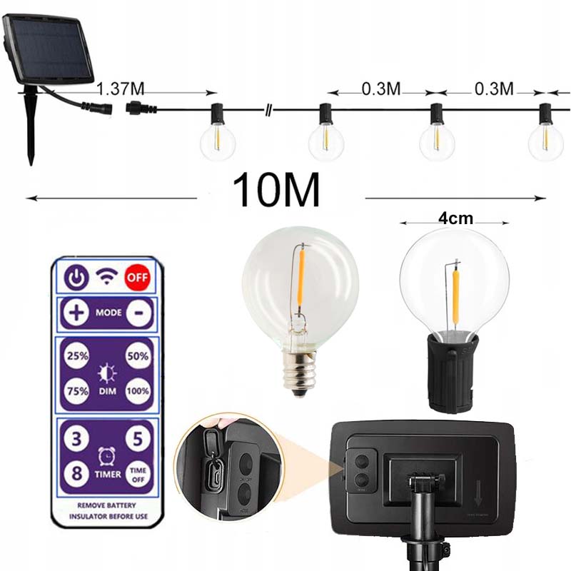 GIRLANDA SOLARNA LAMPKI OGRODOWA ŁAŃCUCH ŚWIETLNY 30x ŻARÓWKI LED Z PILOTA Kod producenta huier-C130x