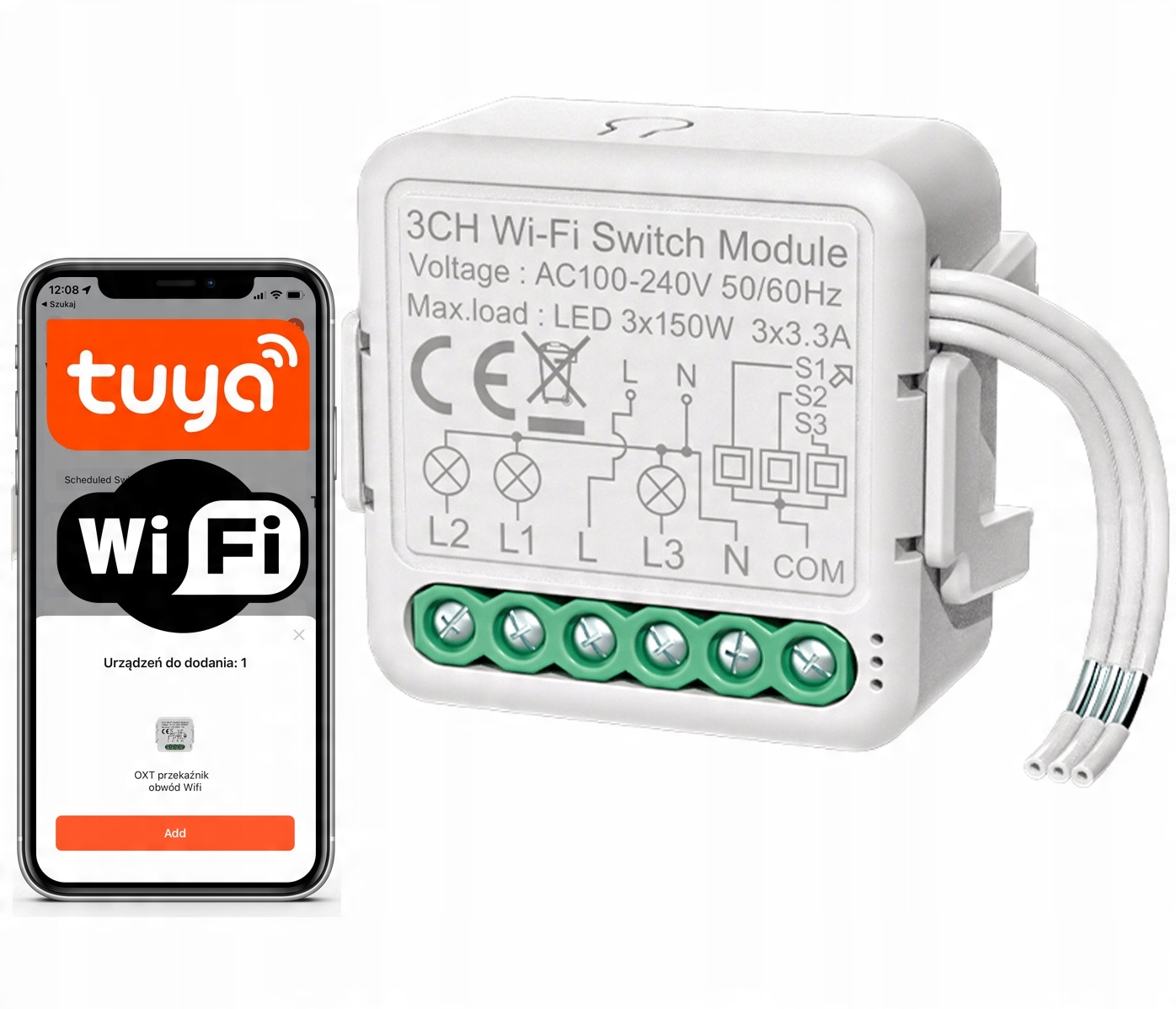 

Przekaźnik Dopuszkowy Włącznik WiFi 3CH Tuya