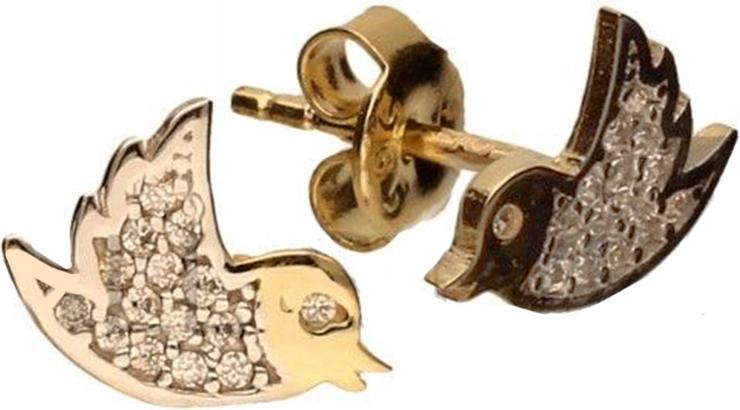 Zlaté náušnice 585 na tyči se zirkony, ptáci, elegantní jako dárek