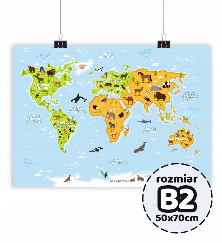 

Duży plakat edukacyjny Mapa Zwierzęta Świata 50x70