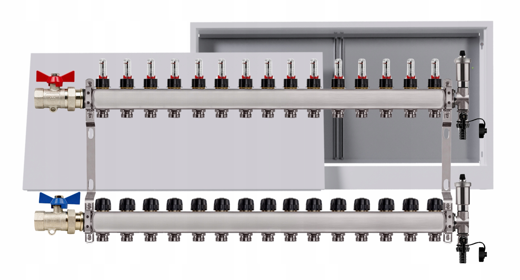 Nerezový rozdělovač pro podlahovku 15 okruhů nástěnná skříňka ventily