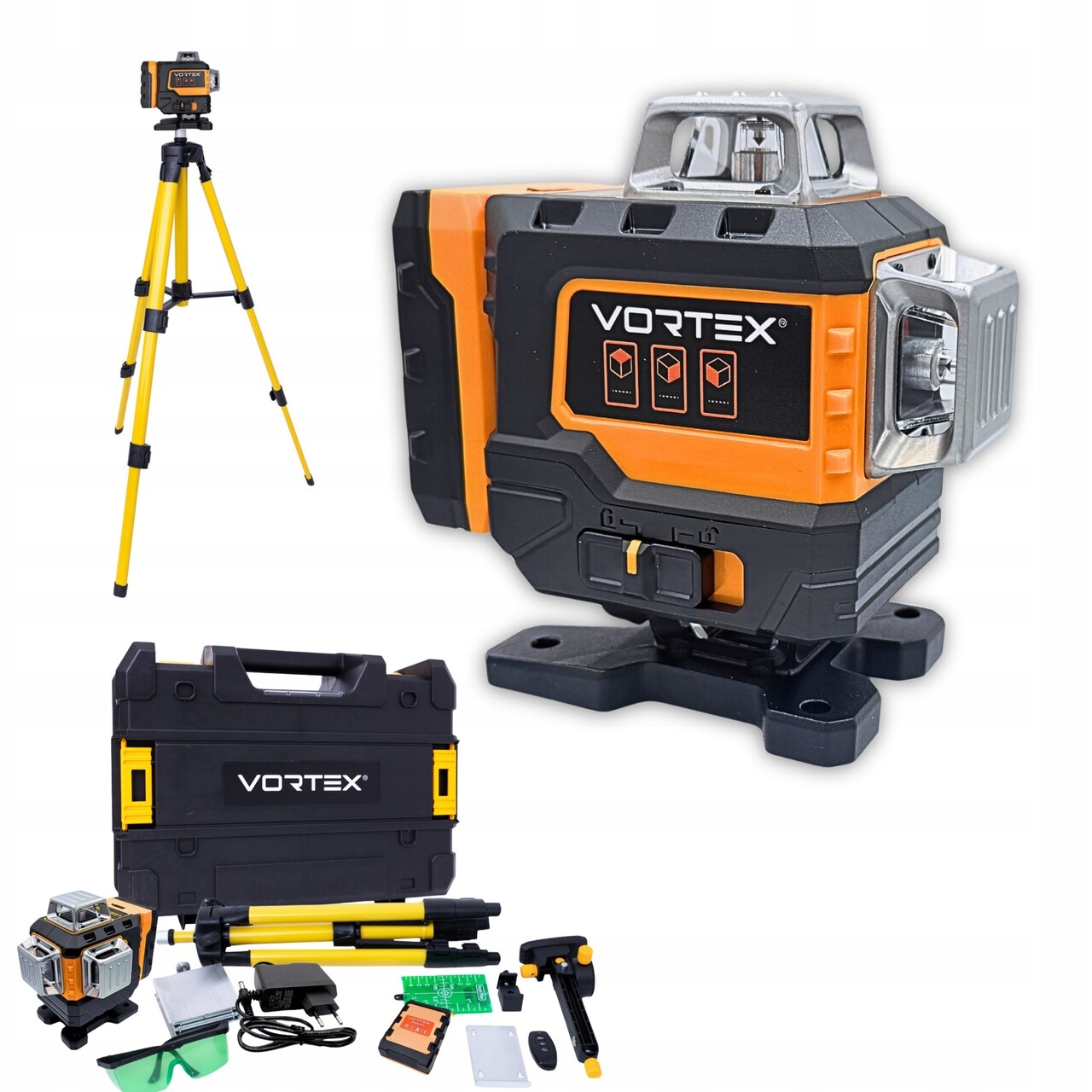 Křížový Laser 16 Paprsků 360° Zelený, Nivelační Přístroj, Stativ, 2x Aku Příslušenství