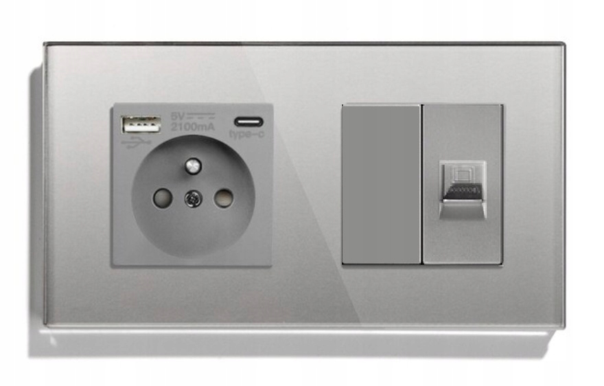Elektrická Dvojitá Skleněná Zásuvka 2F 157 mm Usb A+c Internet RJ45 CAT5e