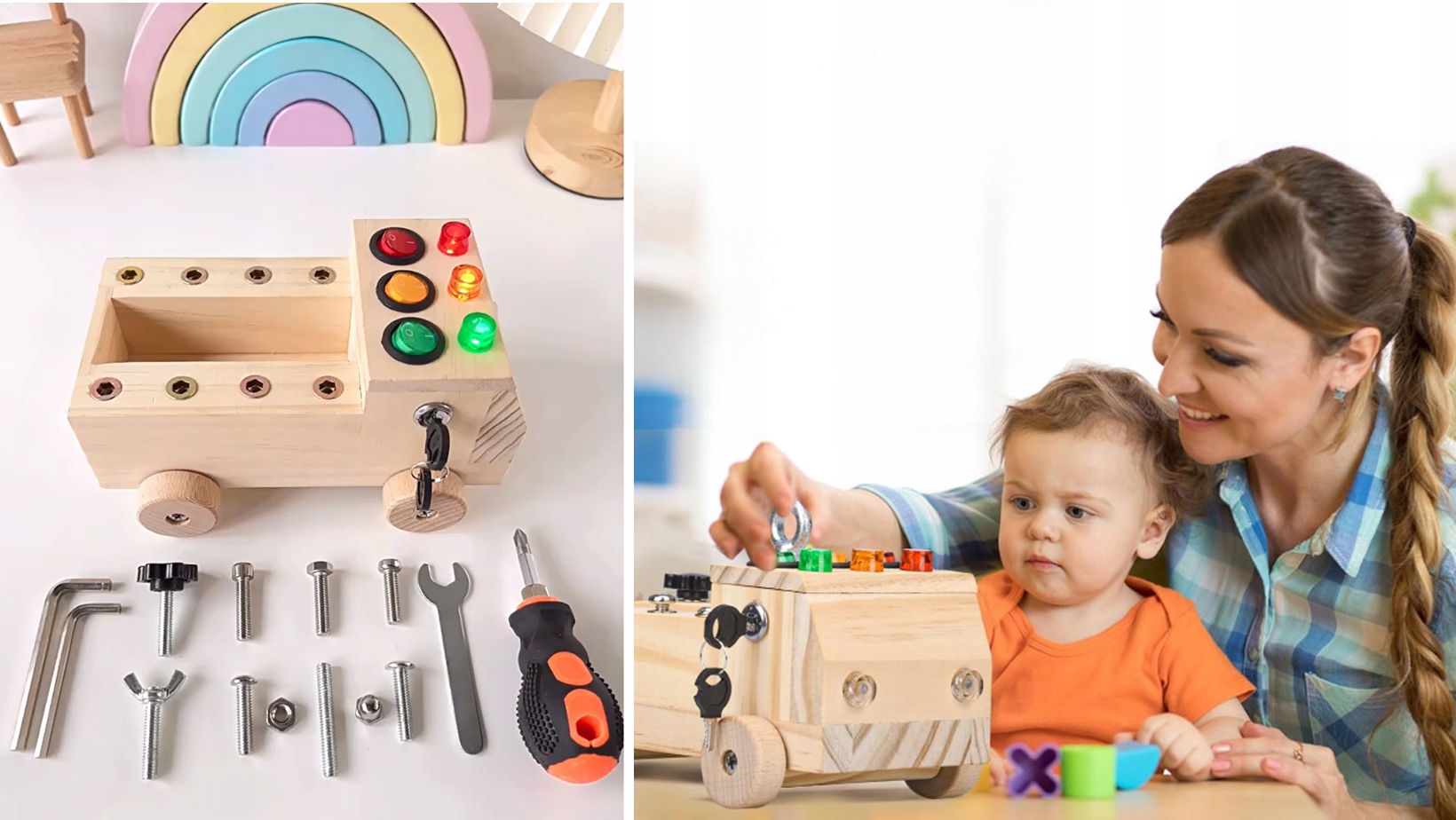 DREWNIANE AUTO SAMOCHÓD NARZĘDZIA MONTESSORI WARSZTAT INTERAKTYWNA ZABAWKA Kolor dominujący wielokolorowy
