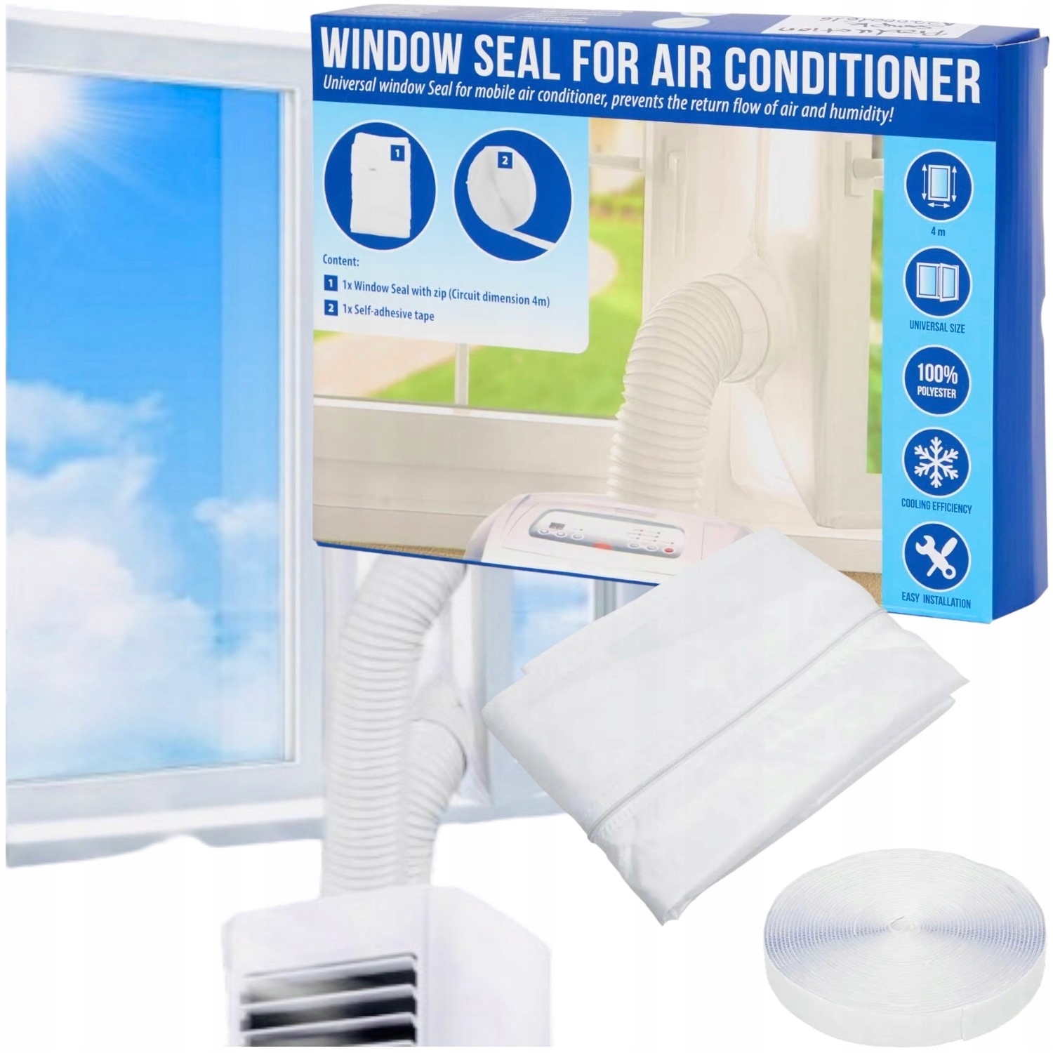 UNIWERSALNA USZCZELKA OKNA DO KLIMATYZATORA PRZENOŚNEGO OKIENNA BIAŁA 4 m