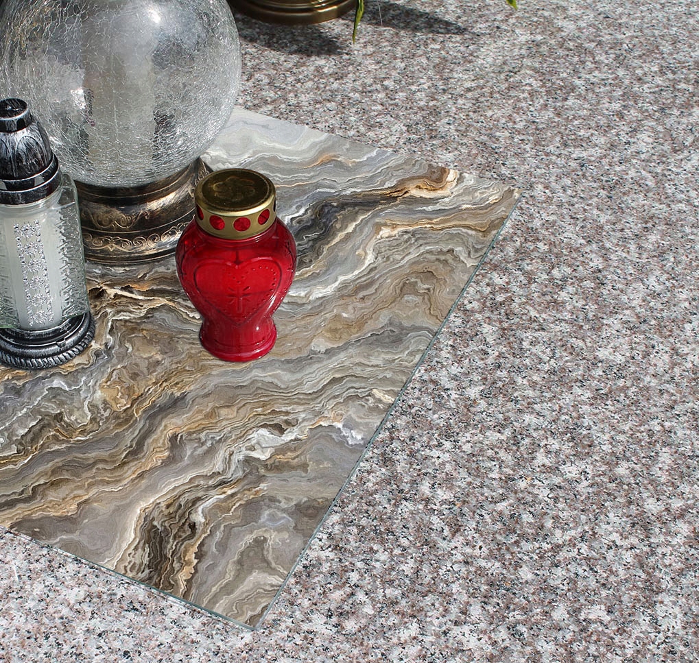 Podstawka pod ZNICZE Szyba HARTOWANA na Cmentarz wzór MARMUR 60x52cm Szerokość produktu 60 cm