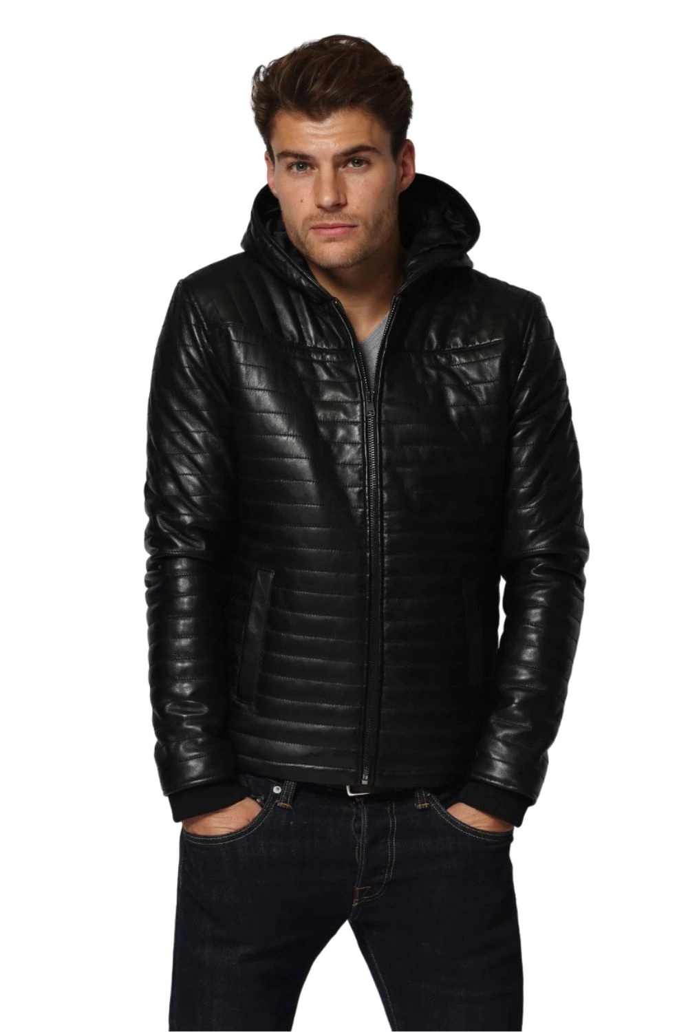 Pánská bunda Chyston kožená černá prošívaná s kapucí klasická vel. L