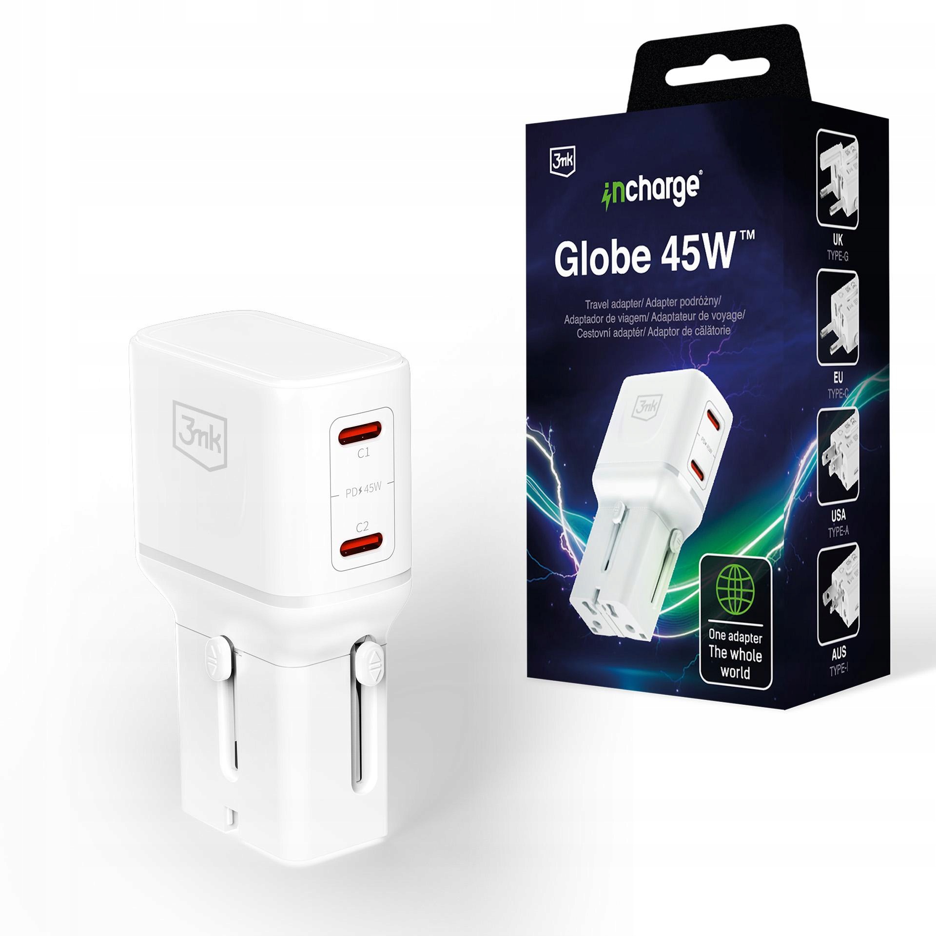 3mk Incharge Globe 2x USB-C PD QC4+ PPS SCP AFC US/EU/AUS/UK 45W