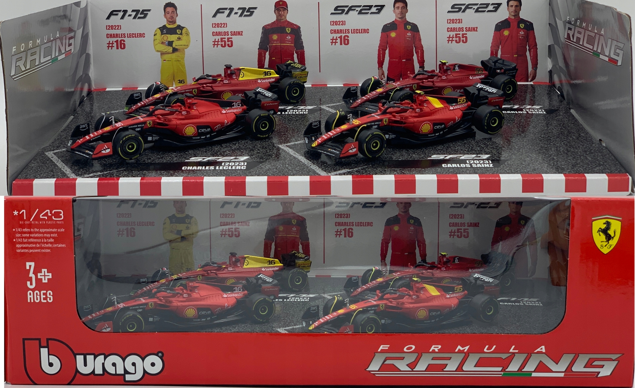 Set F1 Ferrari Leclerc #16 Sainz #55 2022-2023 F1-75 SF-23 BBurago 1:43