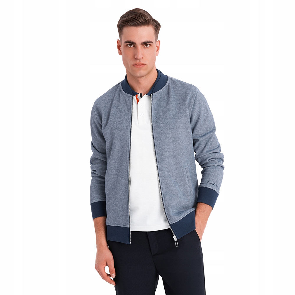 Pánská mikina bomber z piqué úpletu, tmavě modrá Ombre OM-SSZP-0238 V2 vel. S