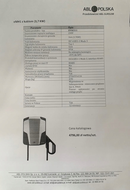 Ladowarka scienna wall samochodow EV 230V 16A ABL Maximum charging power 4 kW