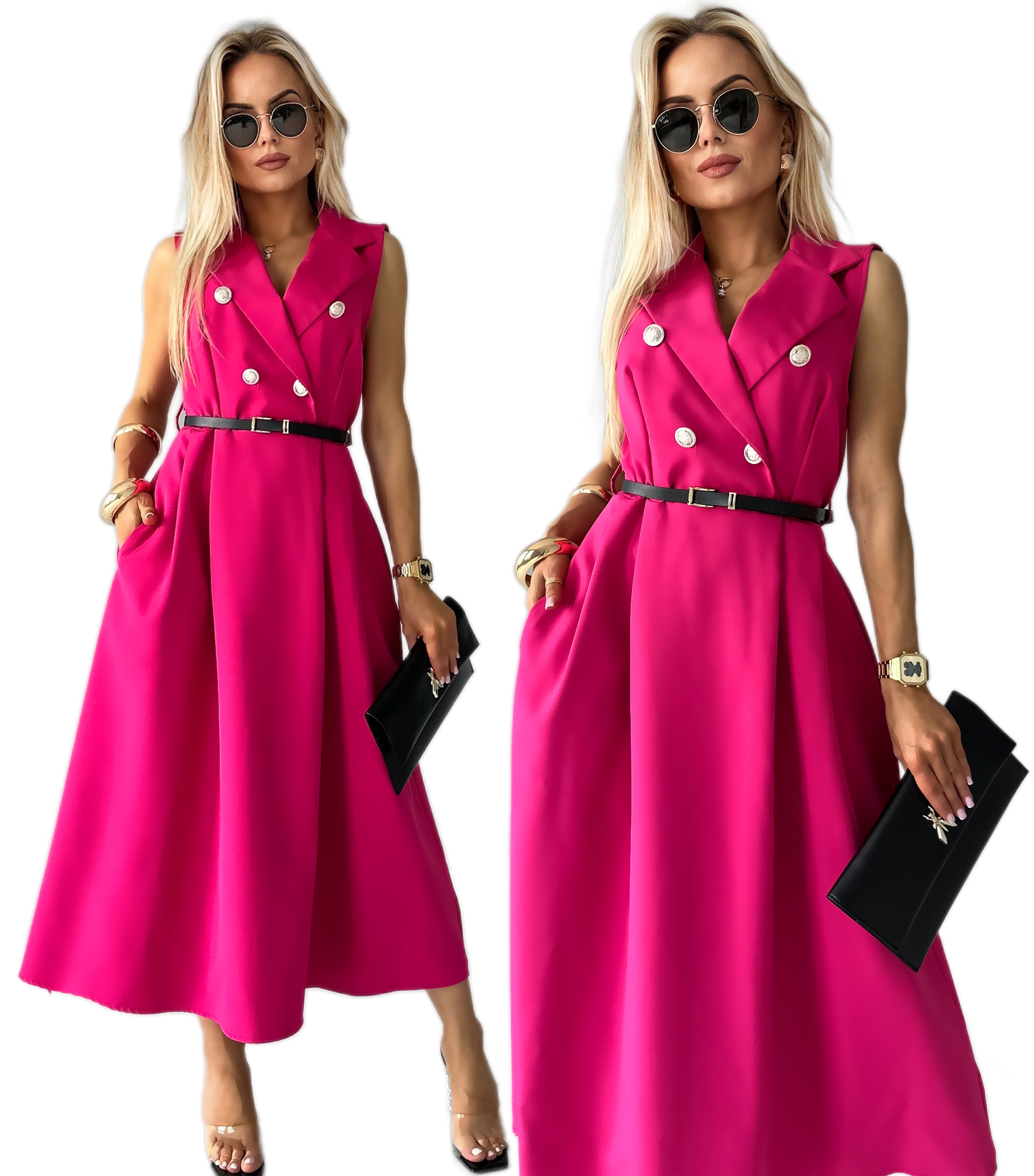 Sukienka Damska rozkloszowana szmizjerka kieszenie pasek Safira