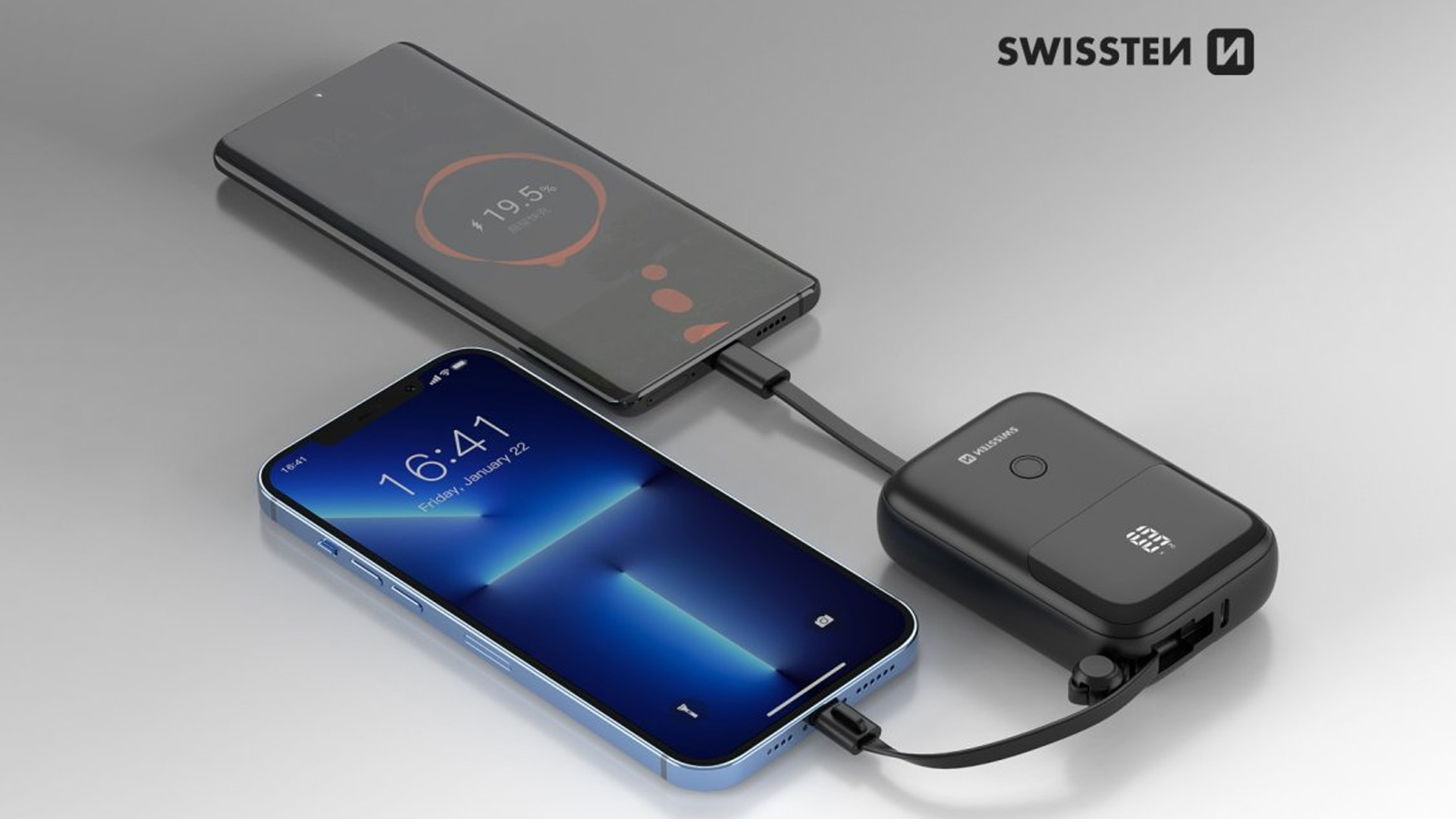 Powerbank SWISSTEN 10000 mAh zintegrowane 2 kabele USB-C LIGHTENING Kolor czarny