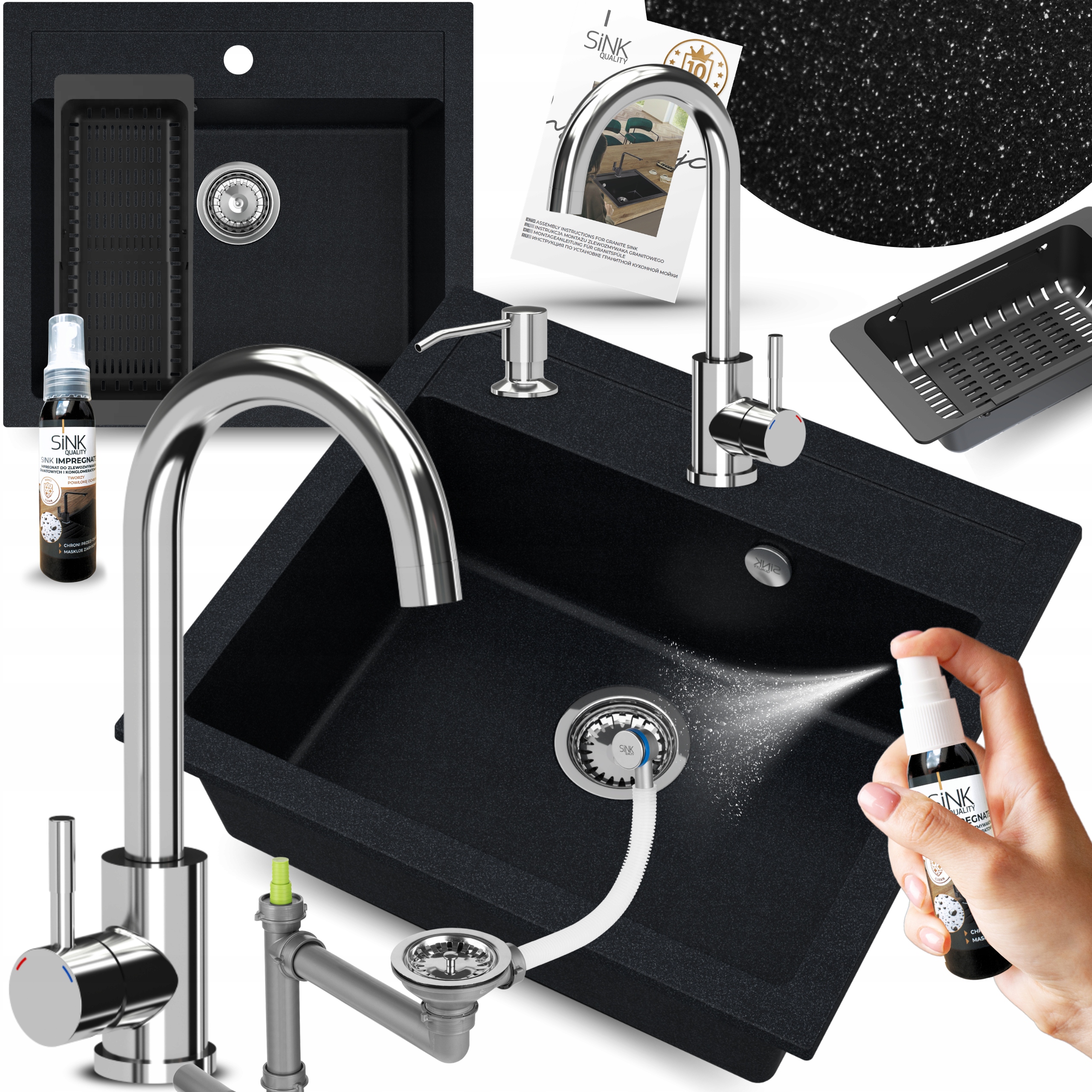 Granitový Jednokomorový Drez 60 cm kovový S Batériou a dávkovačom