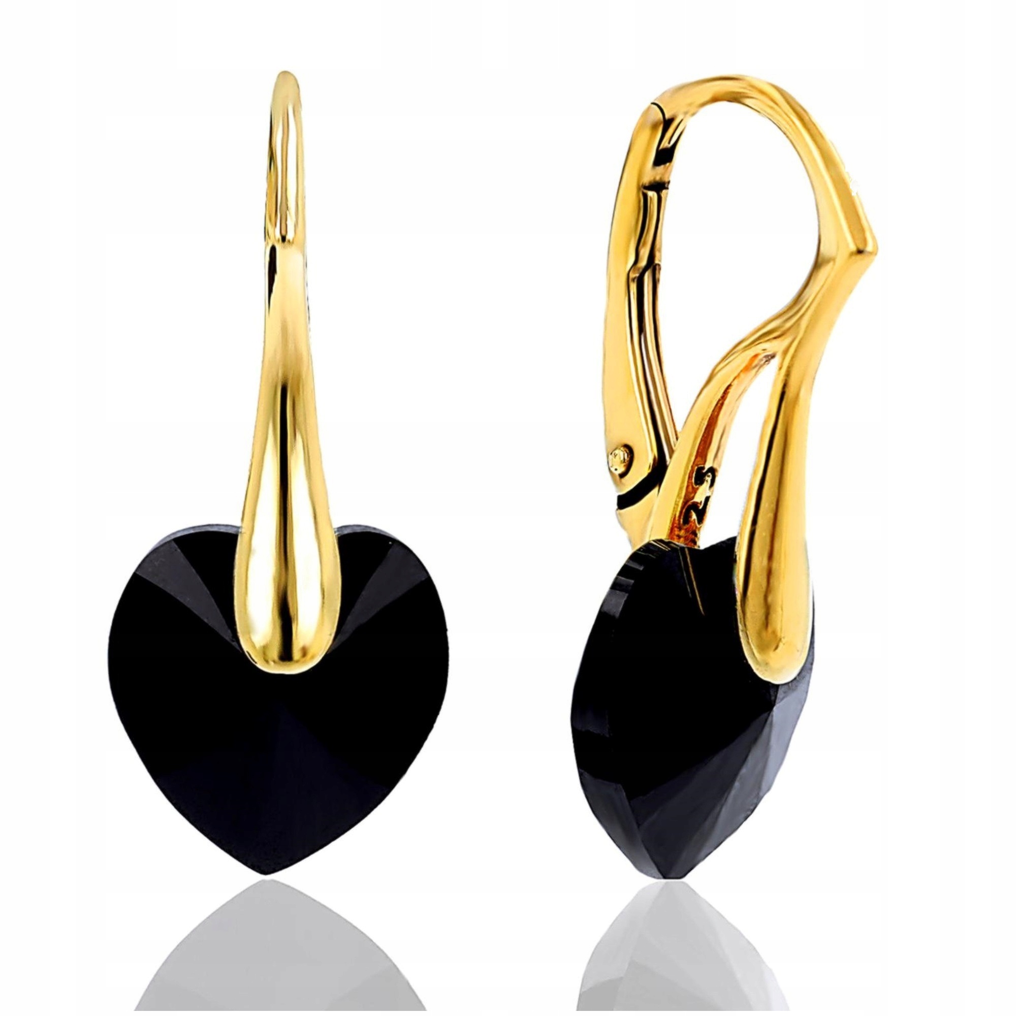 Náušnice Swarovski Zlaté Závěsné Srdce, Černé, Stříbro Ryzost 925, Pozlacené