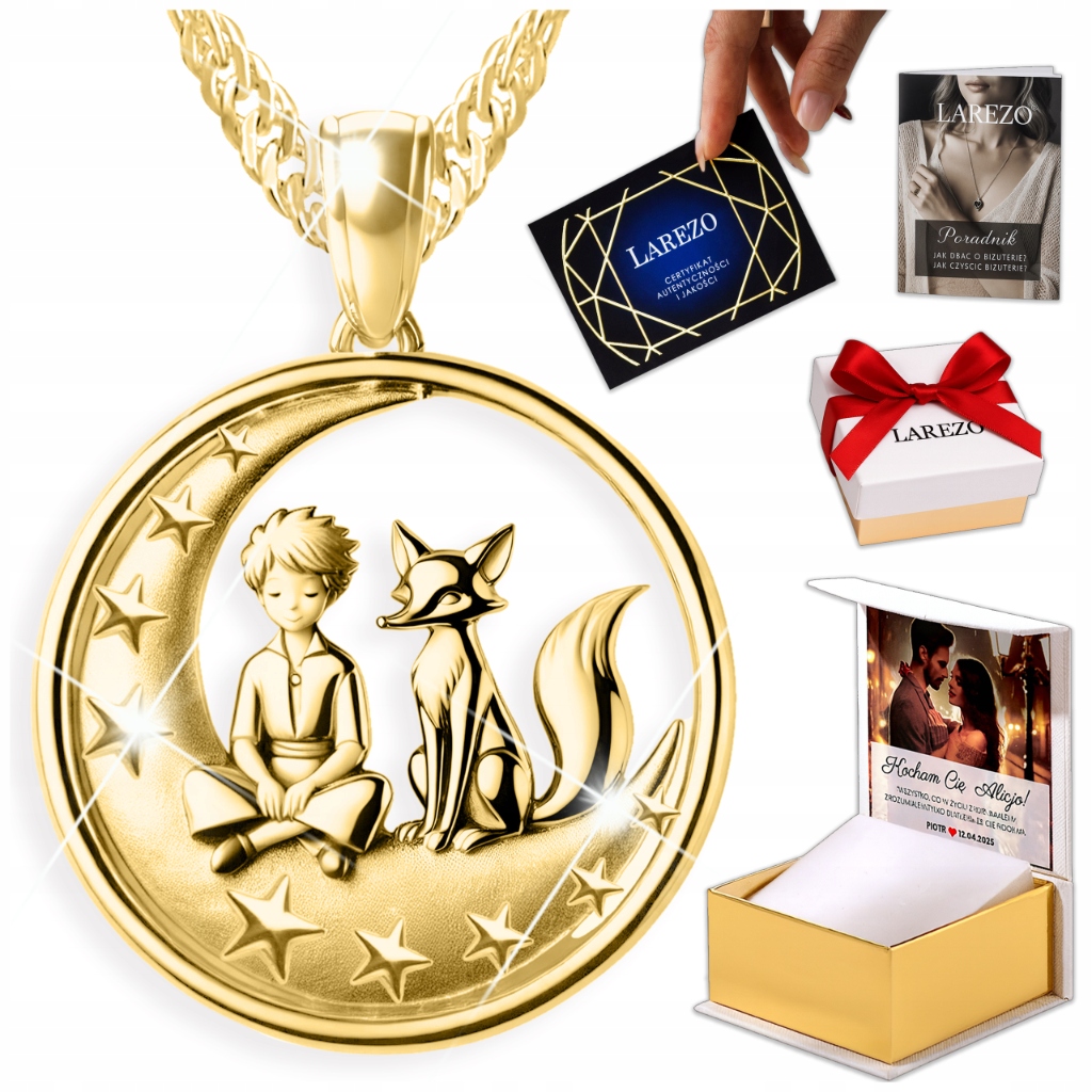 Zlatý náhrdelník Malý snílek Chlapec s liškou Půlměsíc Potisk 925