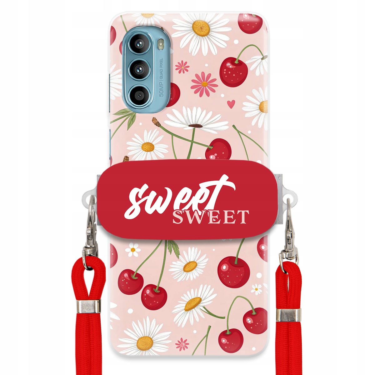 Pouzdro pro Motorola G52 Červené vodítko držák Crossbody Sweet Višňový Květ