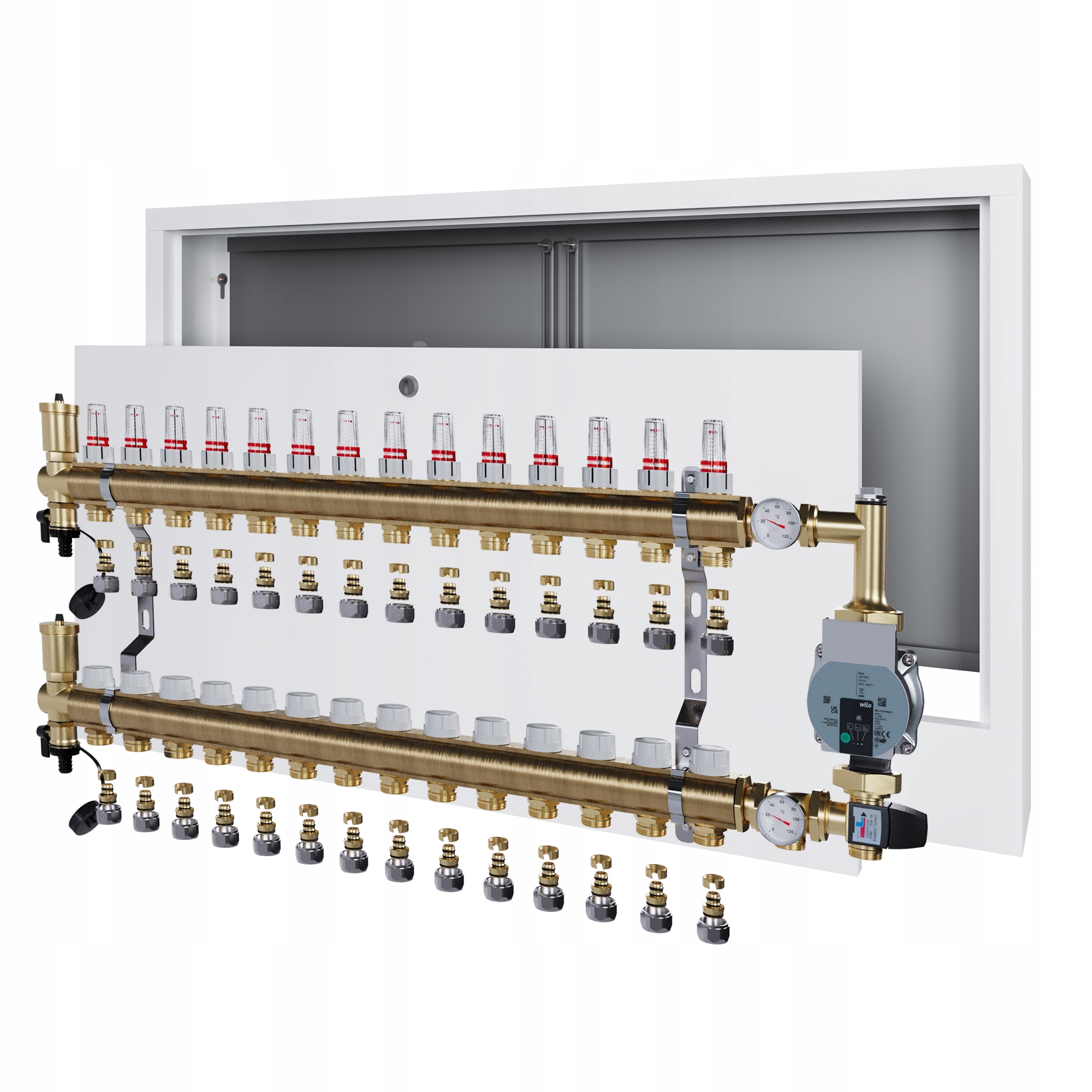 Rozdělovač pro podlahu 14 sekcí s čerpadlem Wilo a nástěnnou schránkou Pex