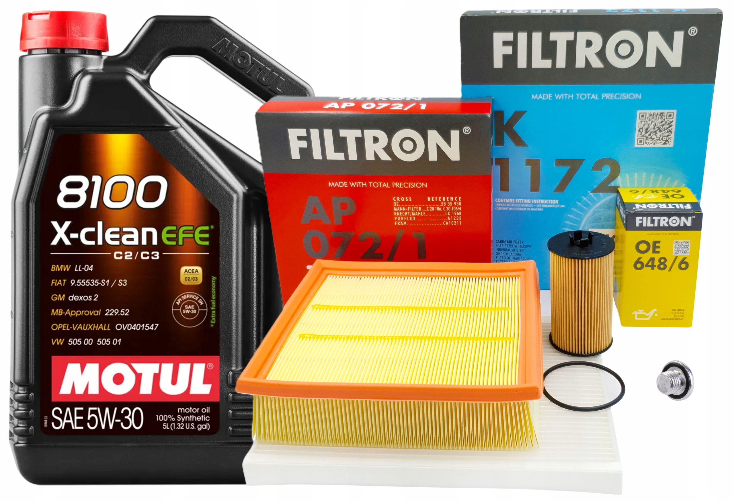 Sada filtrů Filtron olej 5W30 Motul 5L zátka Opel Corsa D E 1.0 1.2 1.4