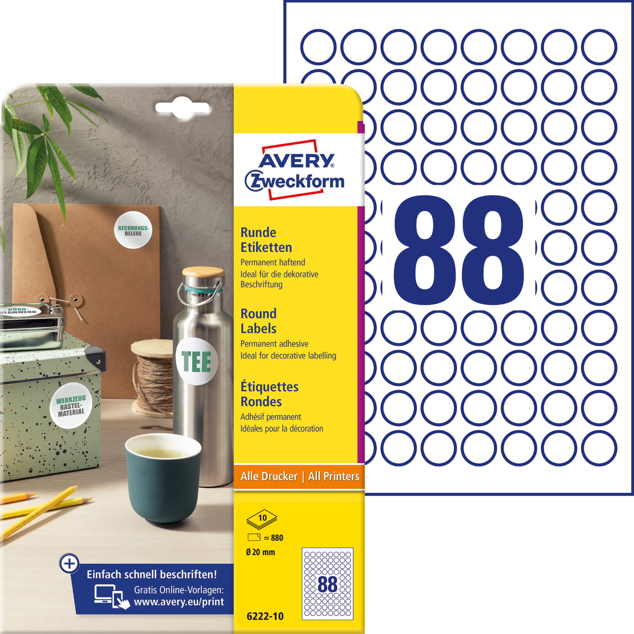

Etykiety okrągłe Avery A4 10ark Ø20mm białe trwałe
