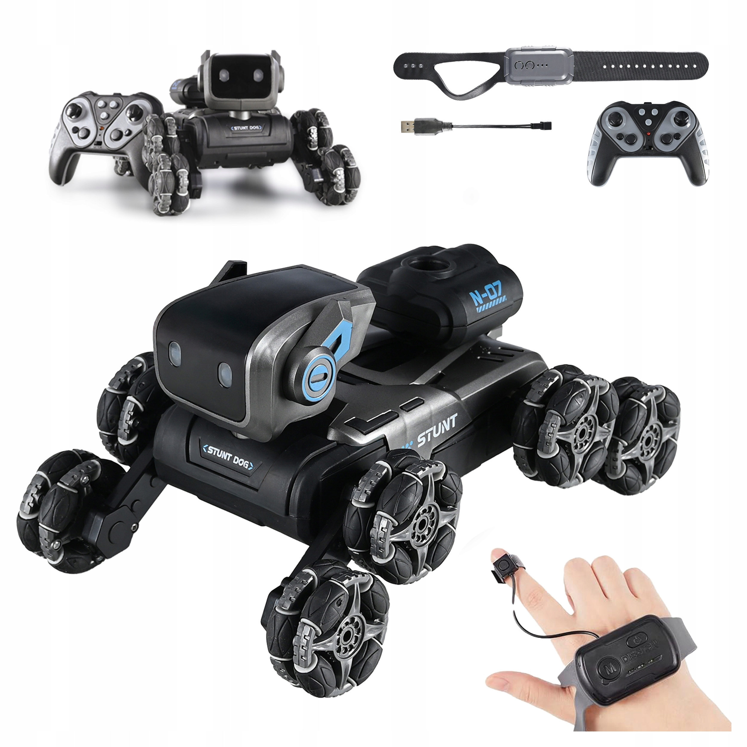 Zdalnie Sterowany Pies Robot 8 Kół Gesty Muzyka Para Wodna Obrót 360 Led