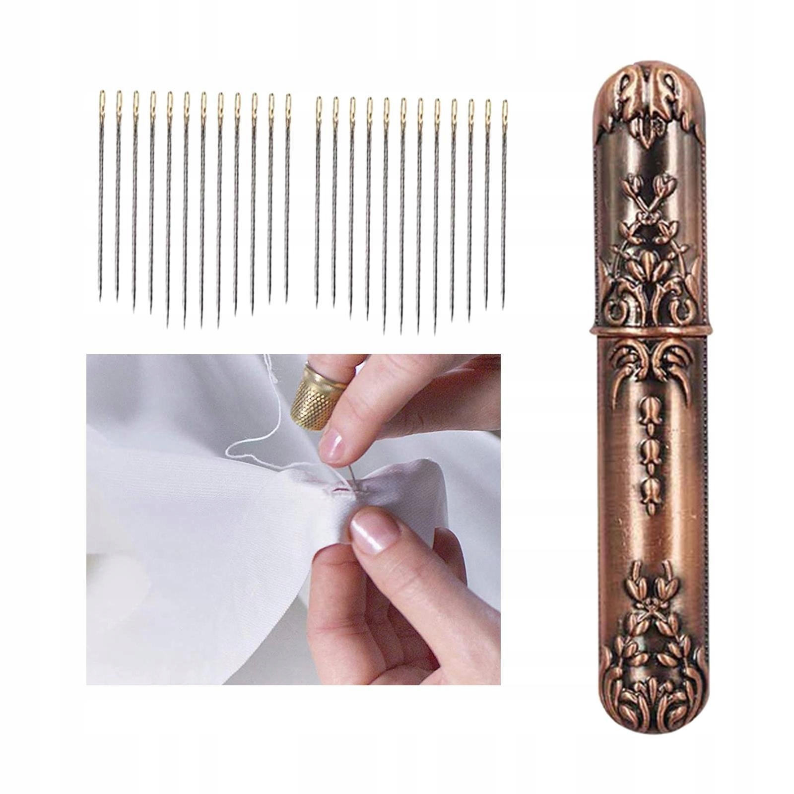 Self Threading Needles, 24 Pieces Large Eye Stitching Bronze 24Pcs Needles Model Igły do szycia ręcznego Przechowywanie igieł do