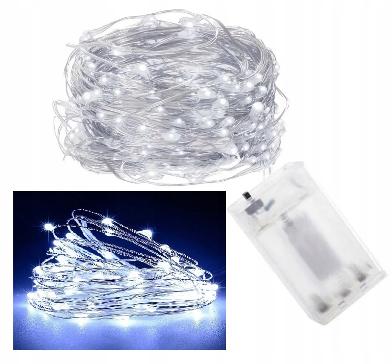 

Lampki Na Druciku 50 Led Na Baterie Biały Zimny 5M