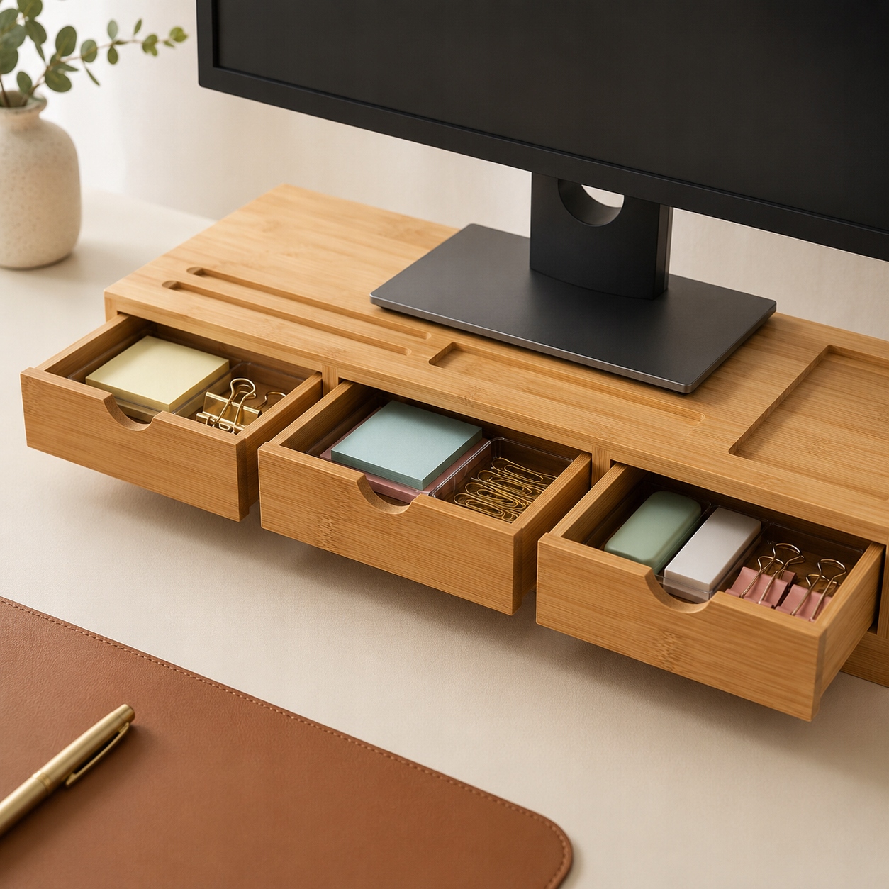 Podstawka pod monitor bambusowa z 3 szufladami organizer na biurko