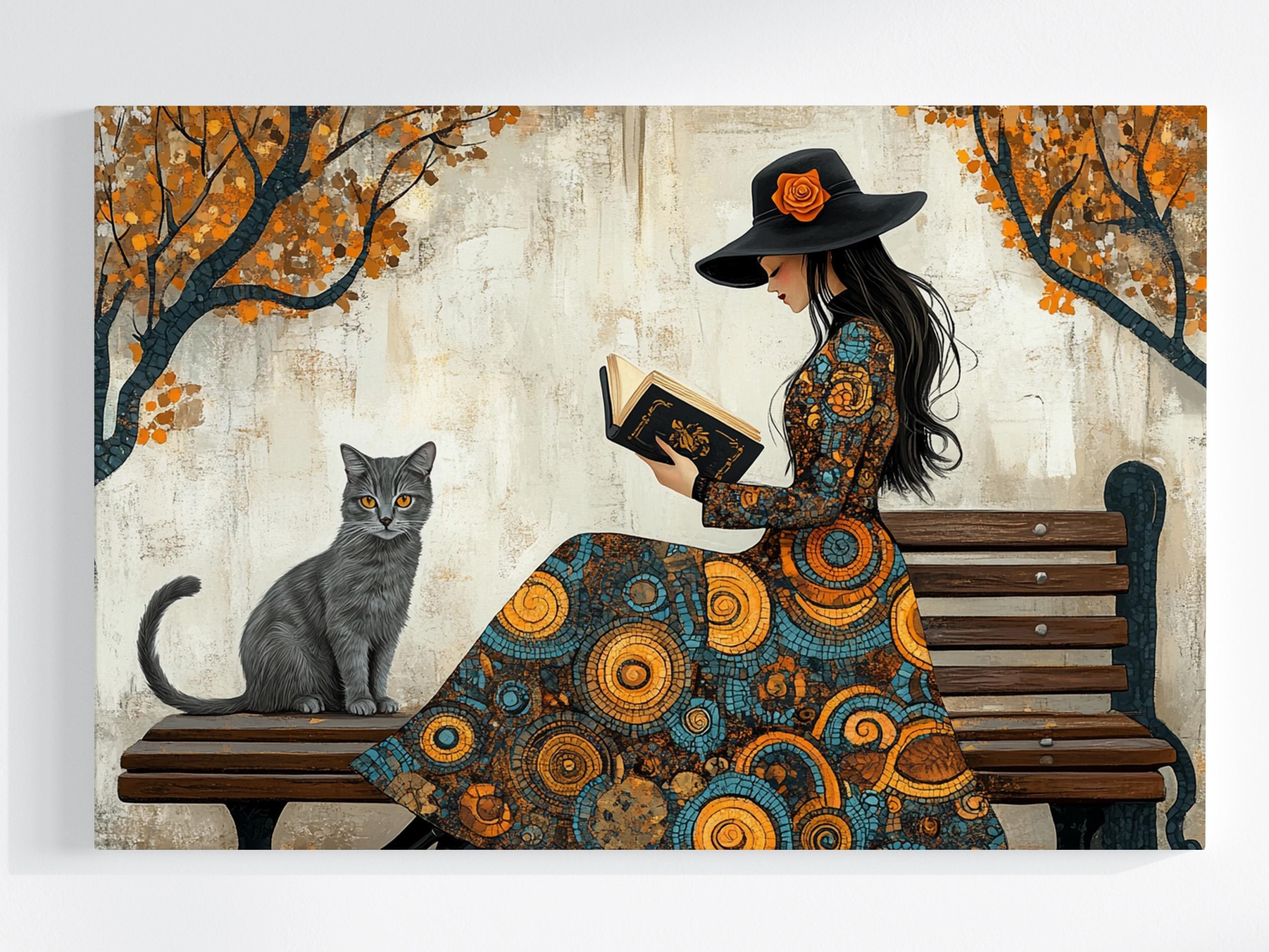 Obraz Na Plátně Canvas Park Stromy Lavička Podzim Žena Kočka Mozaika 120x80