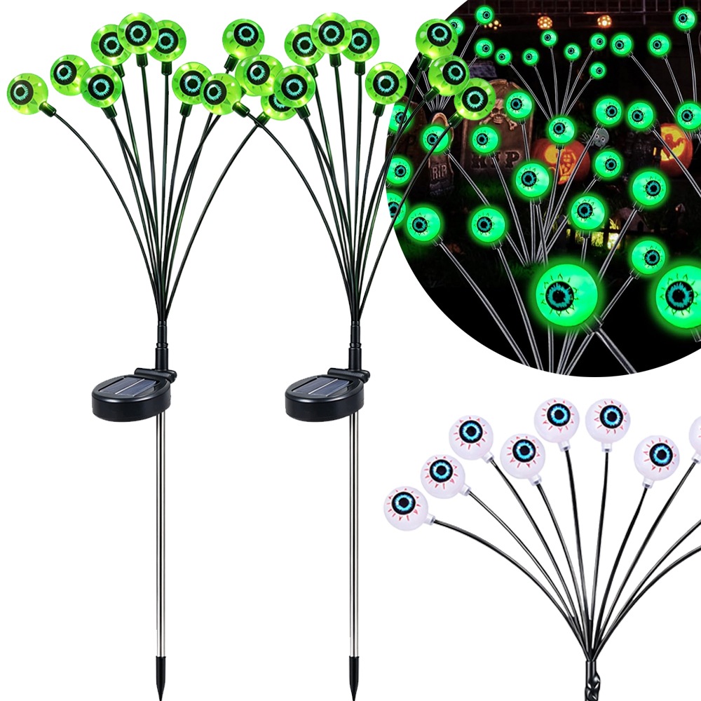 2ks Solární Zahradní Lampa 10 Led Zelené Oční bulvy 38 Cm Halloween