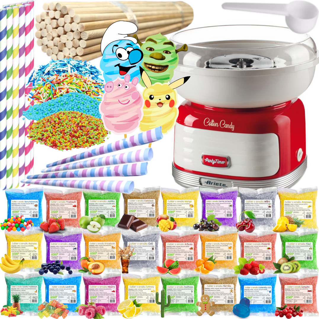 Stroj na cukrovou vatu Cukr 24 x 100 g Sáčky tyčinky posypky Sada