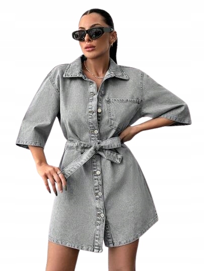 Džínové Šaty Shein s páskem a knoflíky, šedé bavlněné, velikost L 1HA