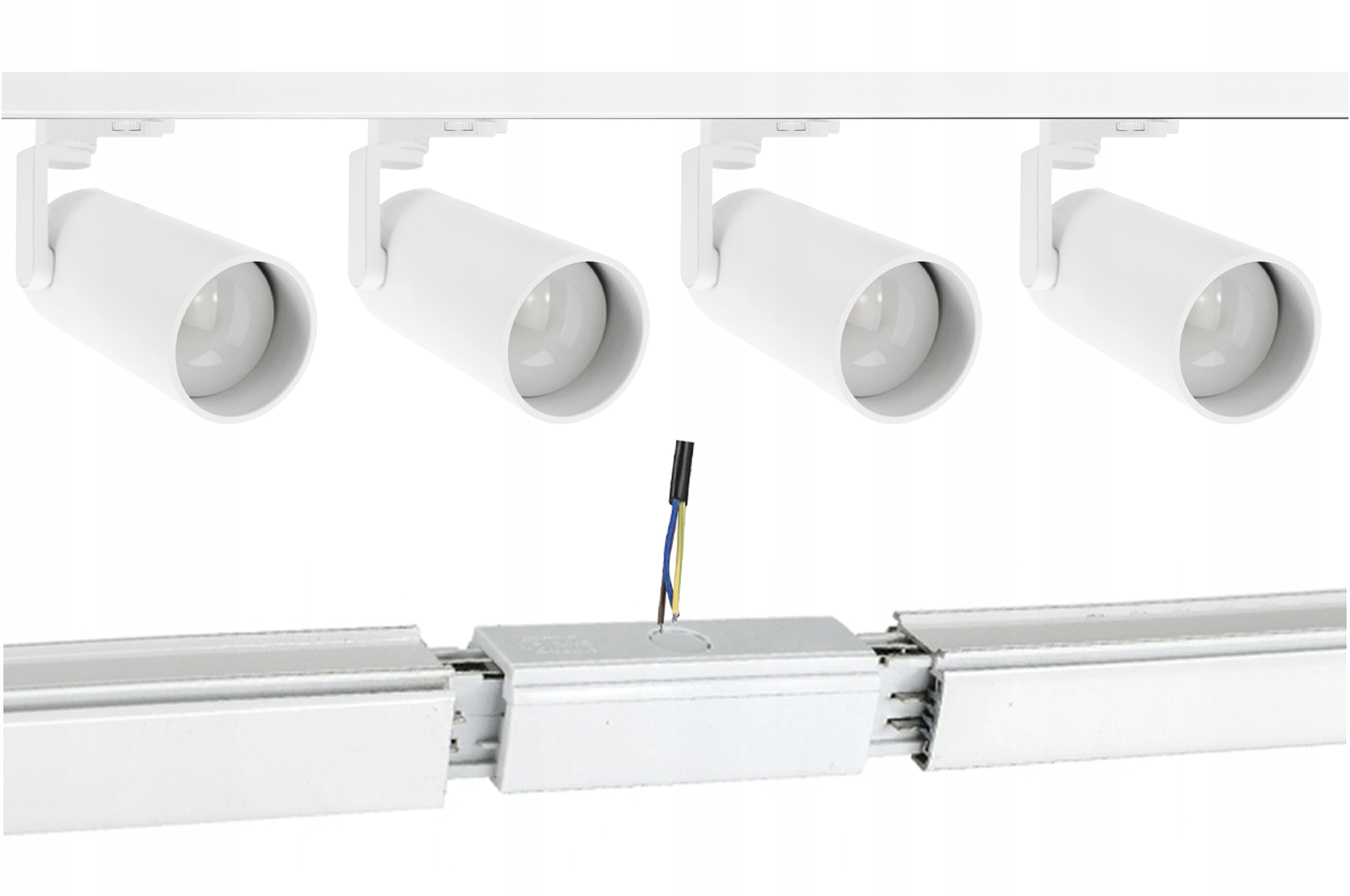 Komplet 4 x lampa 3Fazy E27 Biała szyna 2x1 metr łączki zasilający środkowy