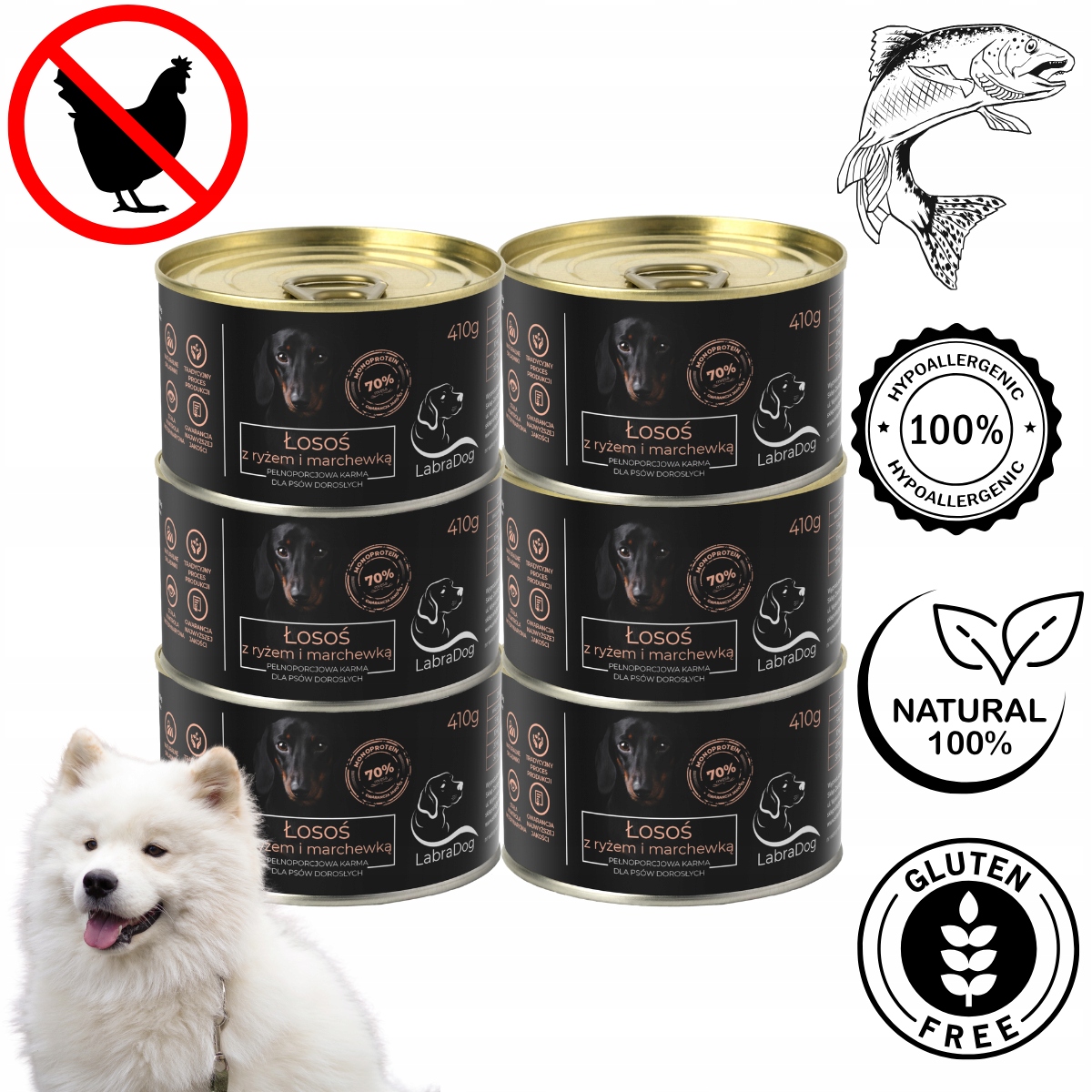 Levně LabraDog Superfood Hypoalergenní vlhké krmivo Losos 70% na alergie 6x410g
