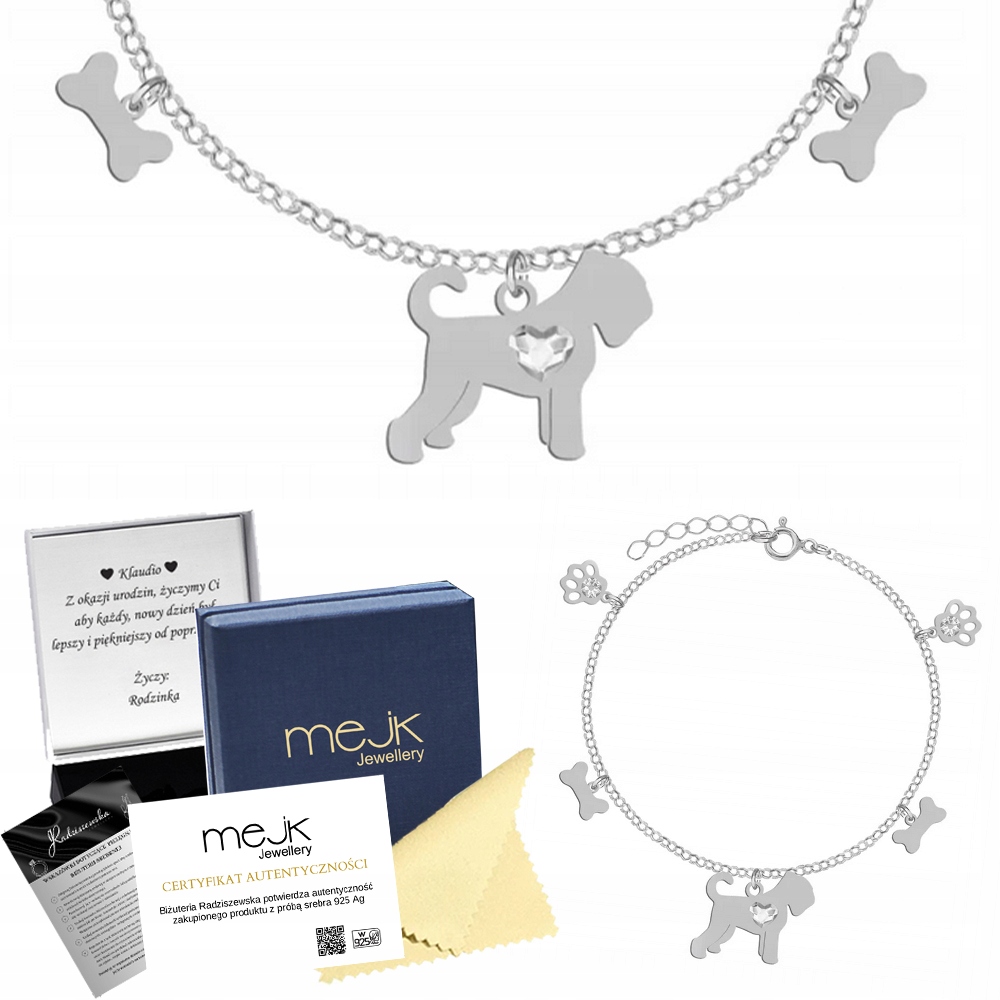 Stříbrný náramek s černým ruským teriérem 925 Žena Gravírování Bonus