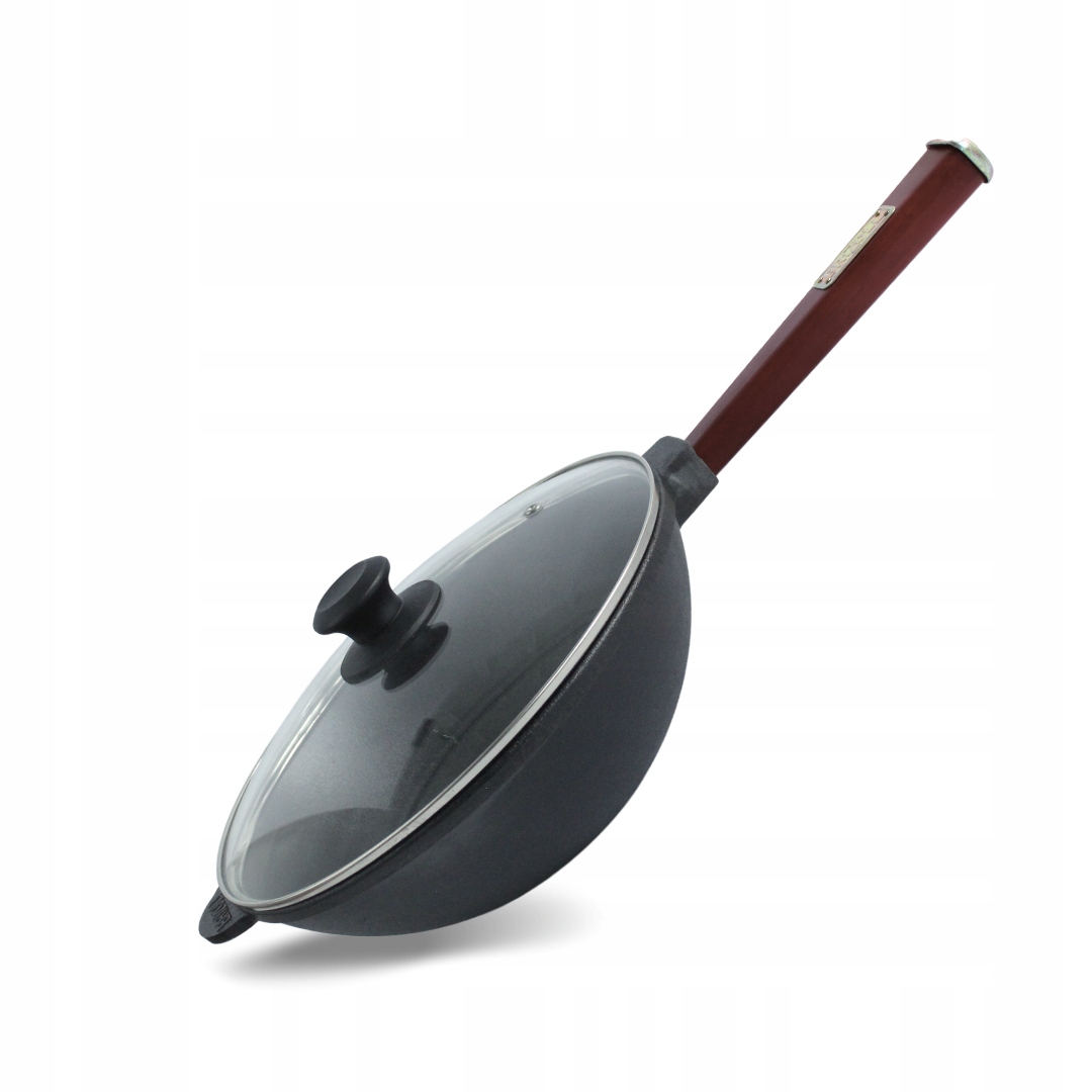 Patelnia żeliwna z drewnianym uchwytem WOK Bordo 240 x 76 ze szklaną