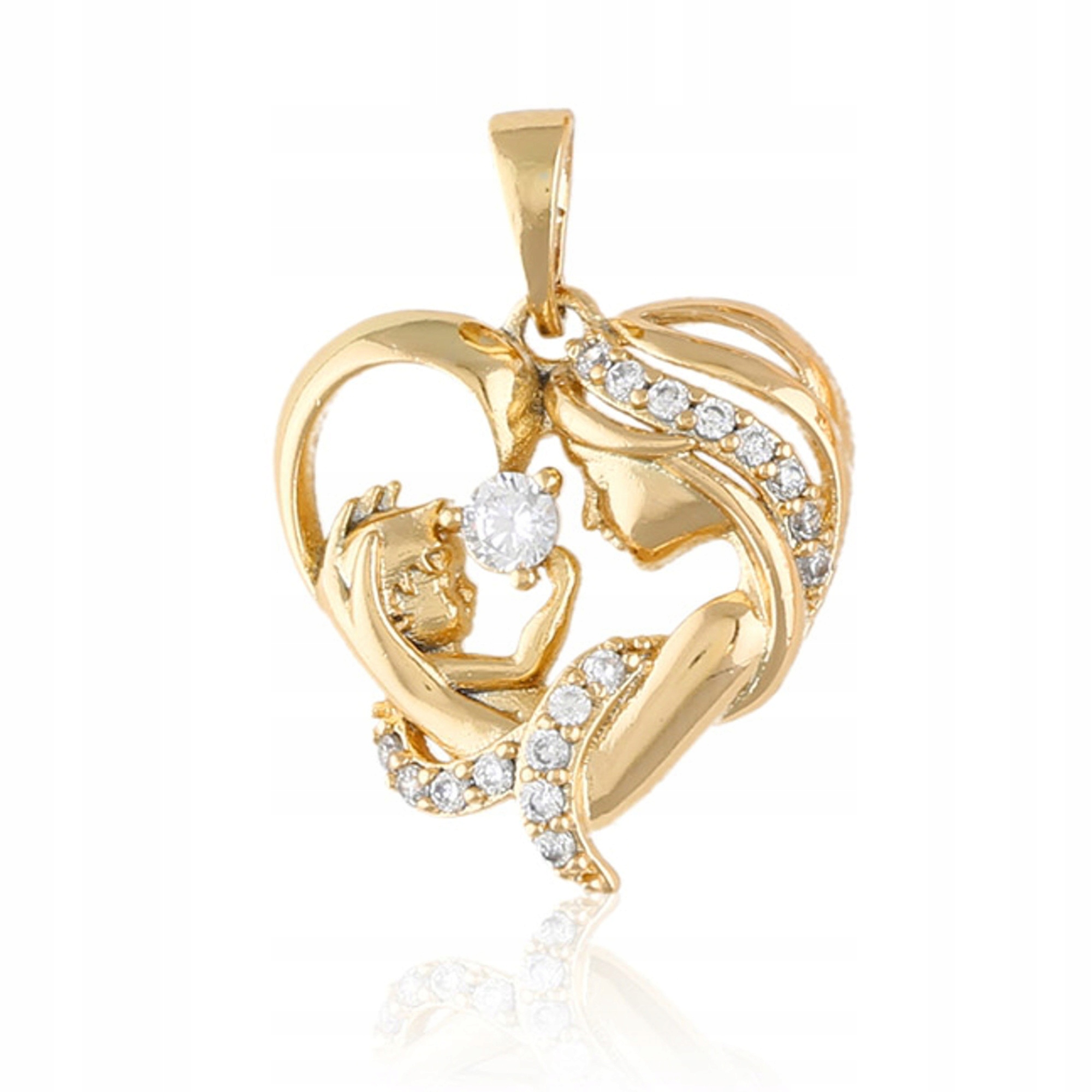 ZŁOTA ZAWIESZKA MATKA Z DZIECIĄTKIEM W SERCEU 18K Kamienie Z cyrkonią