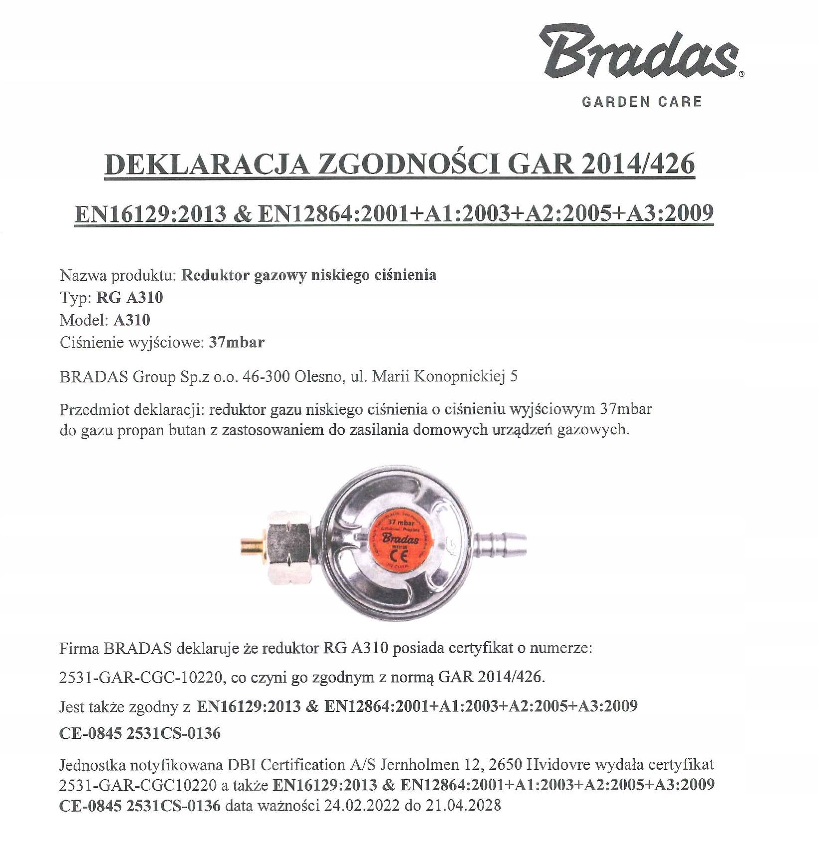 REDUKTOR BUTLI GAZOWEJ 11 KG BRADAS RG A310 Producent Bradas