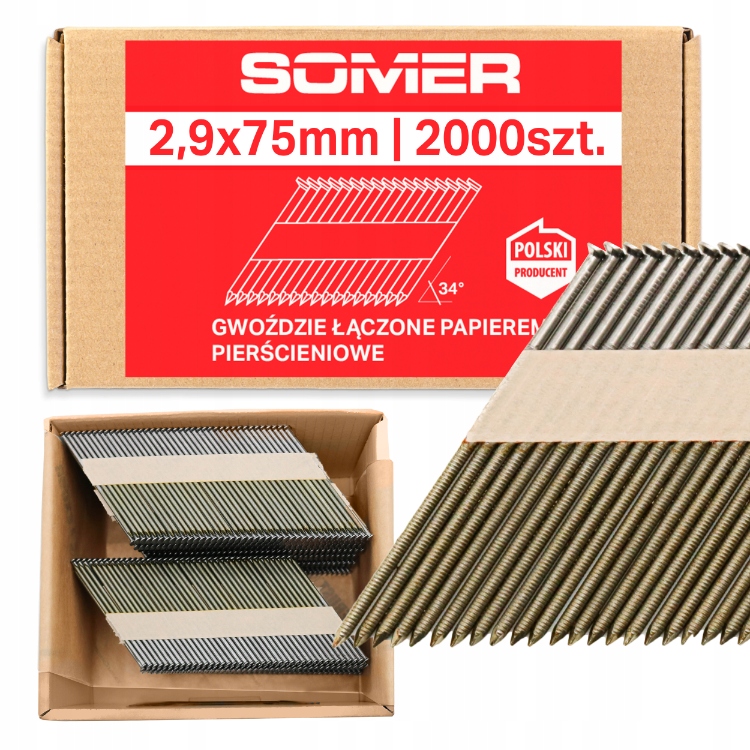 Gwoździe do gwoździarki łącz. pap. pierśc. 2,9x75mm 34° 2000szt +200