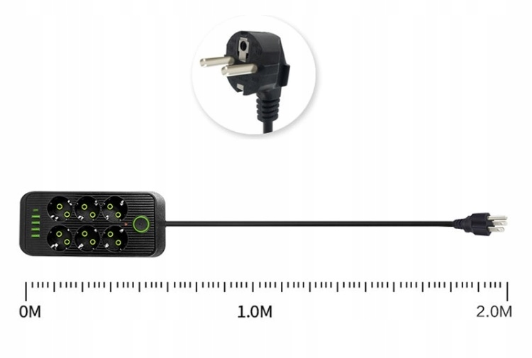 LISTWA ZASILAJĄCA PRZEDŁUŻACZ USB ANTYPRZEPIĘCIOWA 2M 6 GNIAZD 4 USB Długość kabla 2 m