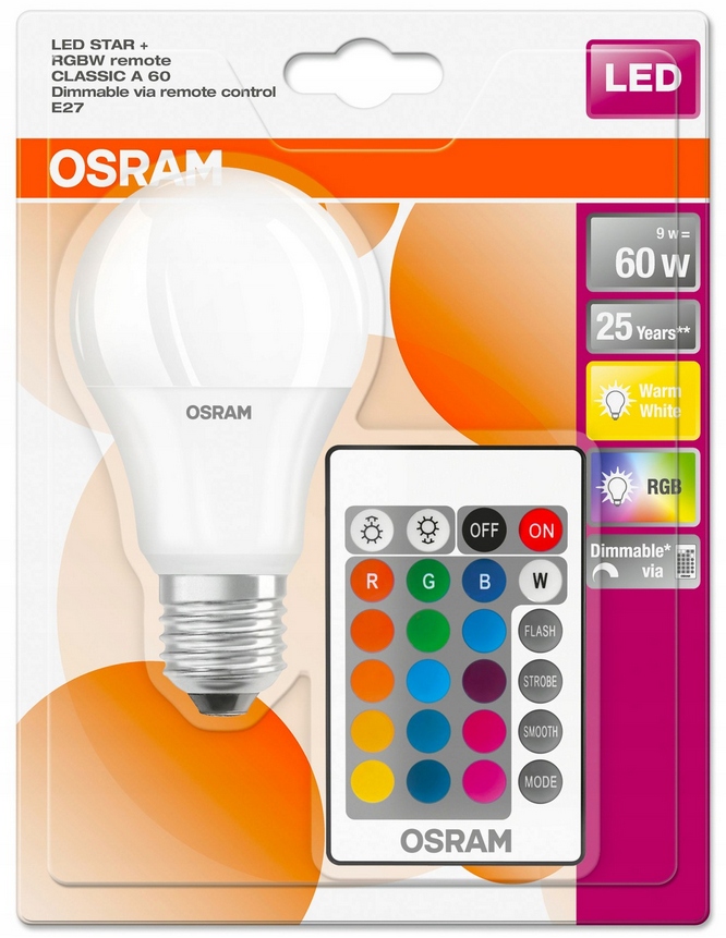 

Żarówka Led 9W 60W E27 806lm Osram Rgbw + Pilot