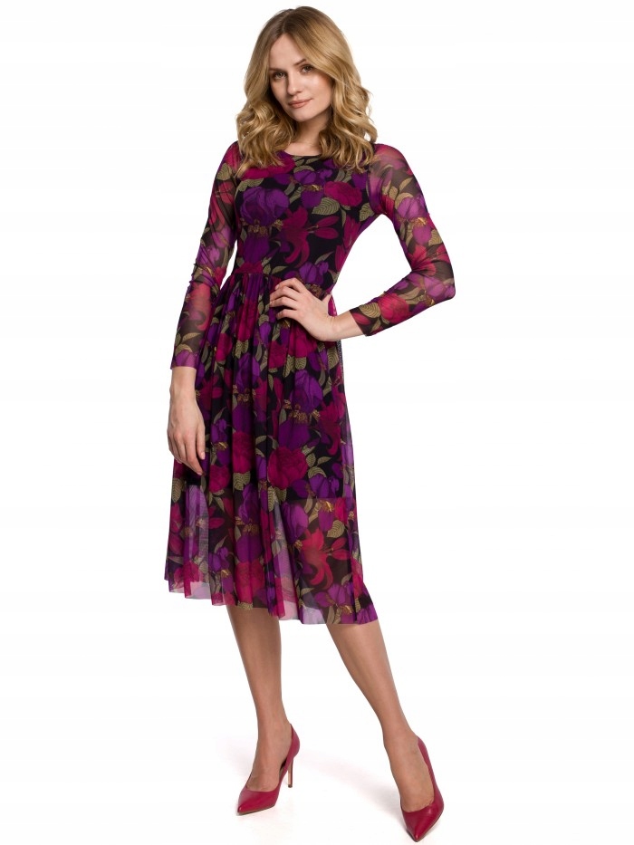 

Eu S K064 Sukienka rozkloszowana z siatki z nadruk