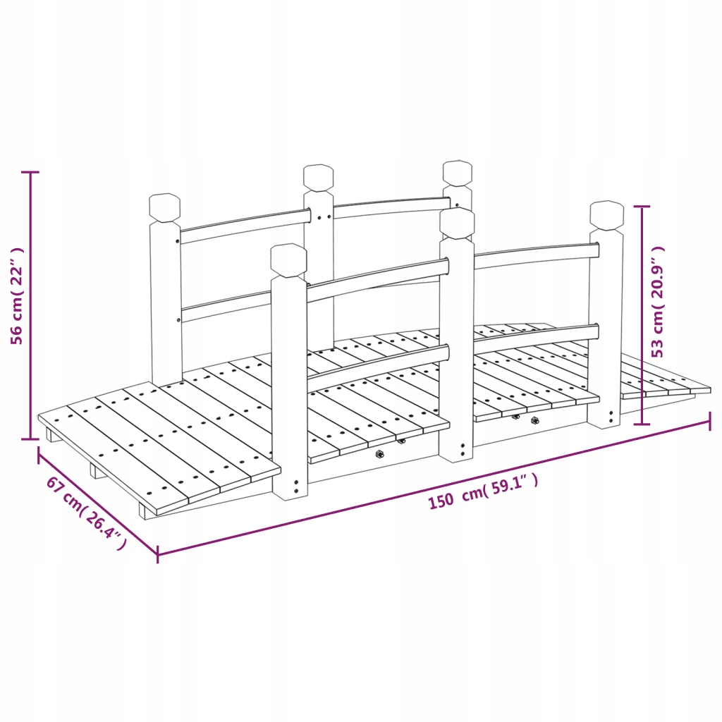 Mostek ogrodowy z poręczami, 150x67x56 cm, świer Szerokość produktu 1 cm
