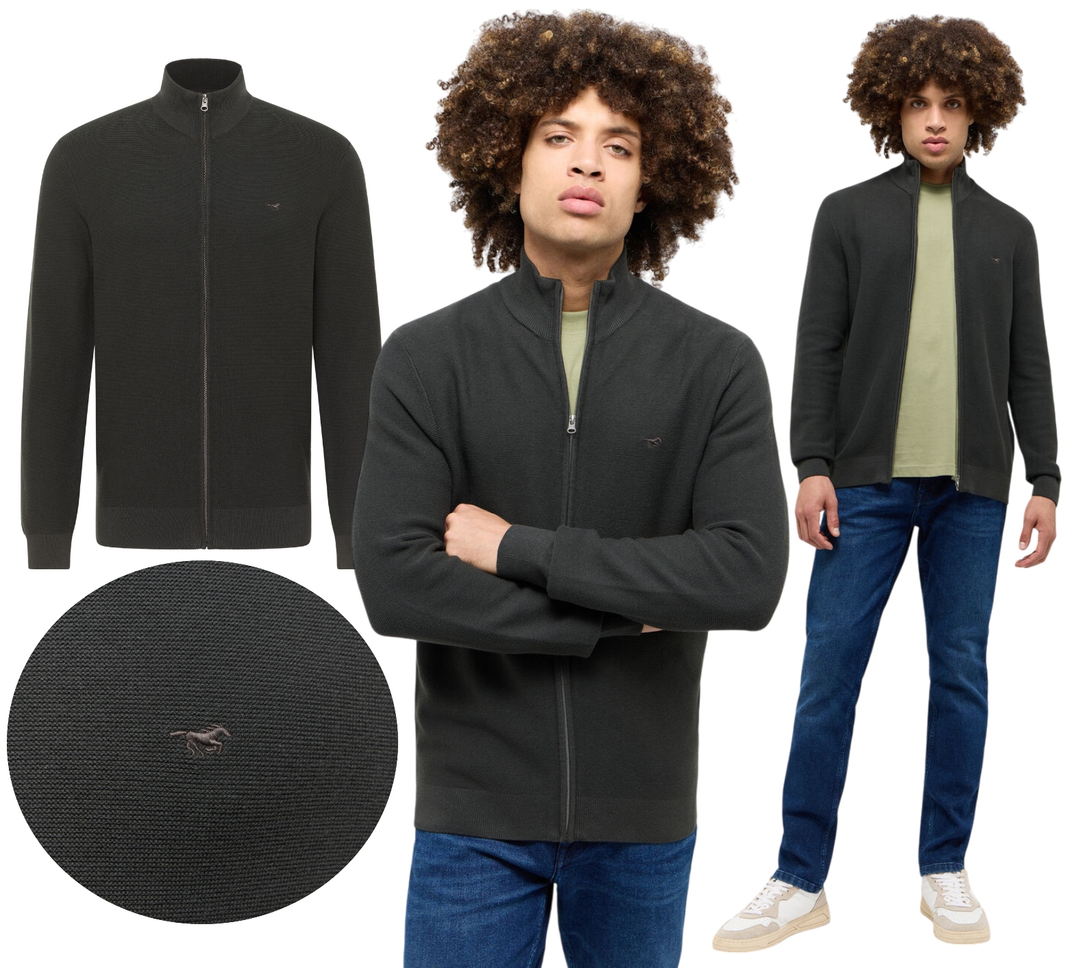 Pánský svetr Mustang bavlněný propínací se stojáčkem grafitový střih Regular velikost L