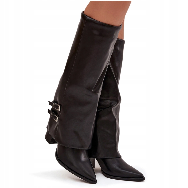 Dámské Kozačky Eko Kožené Ohrnutý Svršek Sloupek Spony Černé 40