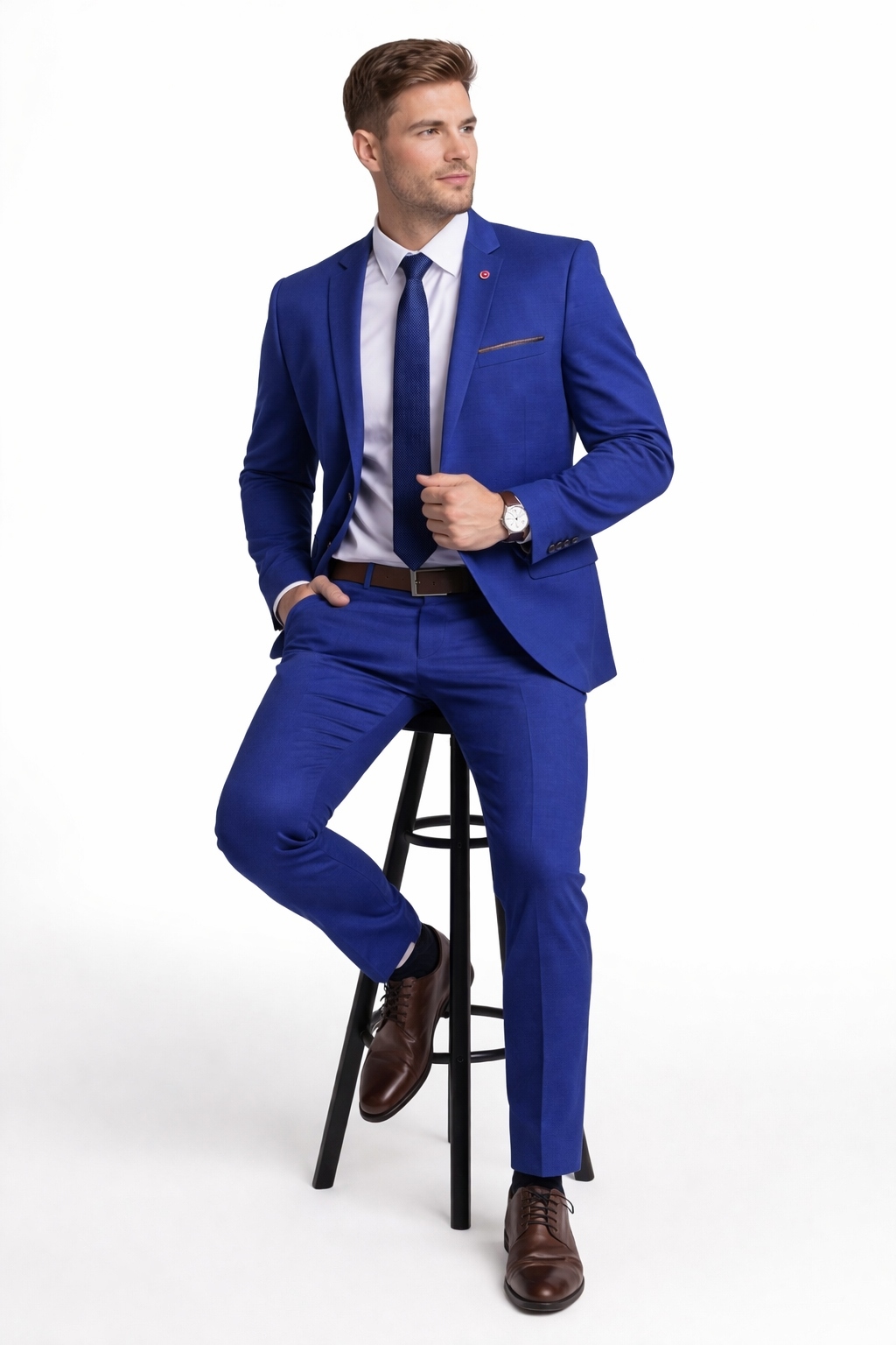 Elegantní pánský oblek – tmavě modrá/modrá barva, střih 372 cm, velikost 50