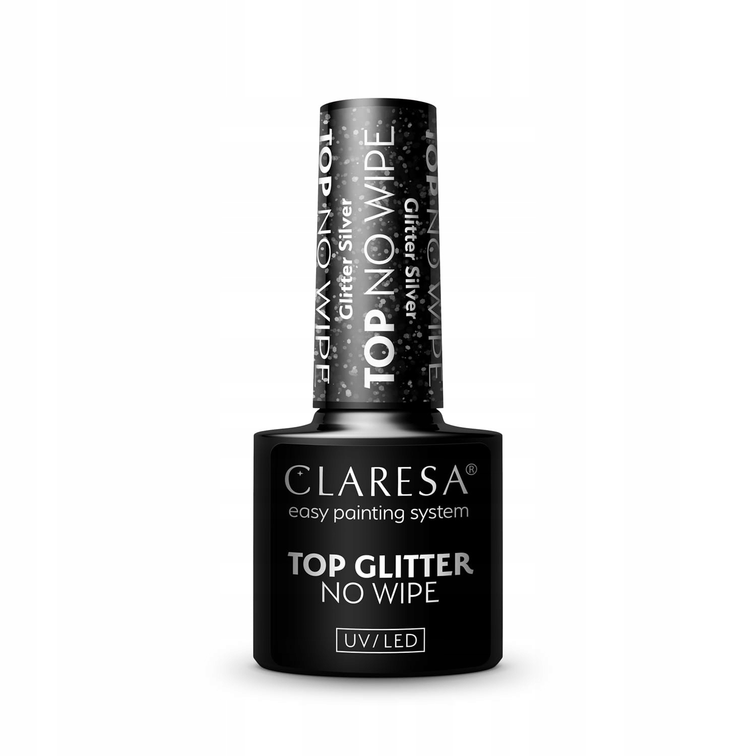 Claresa Top Shine No Wipe Uberlack Innovativ UV LED Top Coat fur Hybrid Nagellack Glanzendes Finish, Transparent mit silbernem Glitter, 5ml — 12